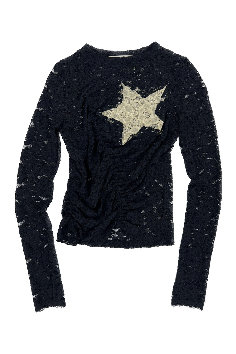 LACE STAR SHIRRING TOP_BLACK