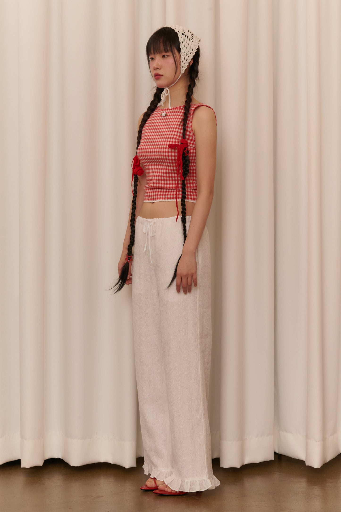 Gingham Lace Trim Sleeveless Top (Red)