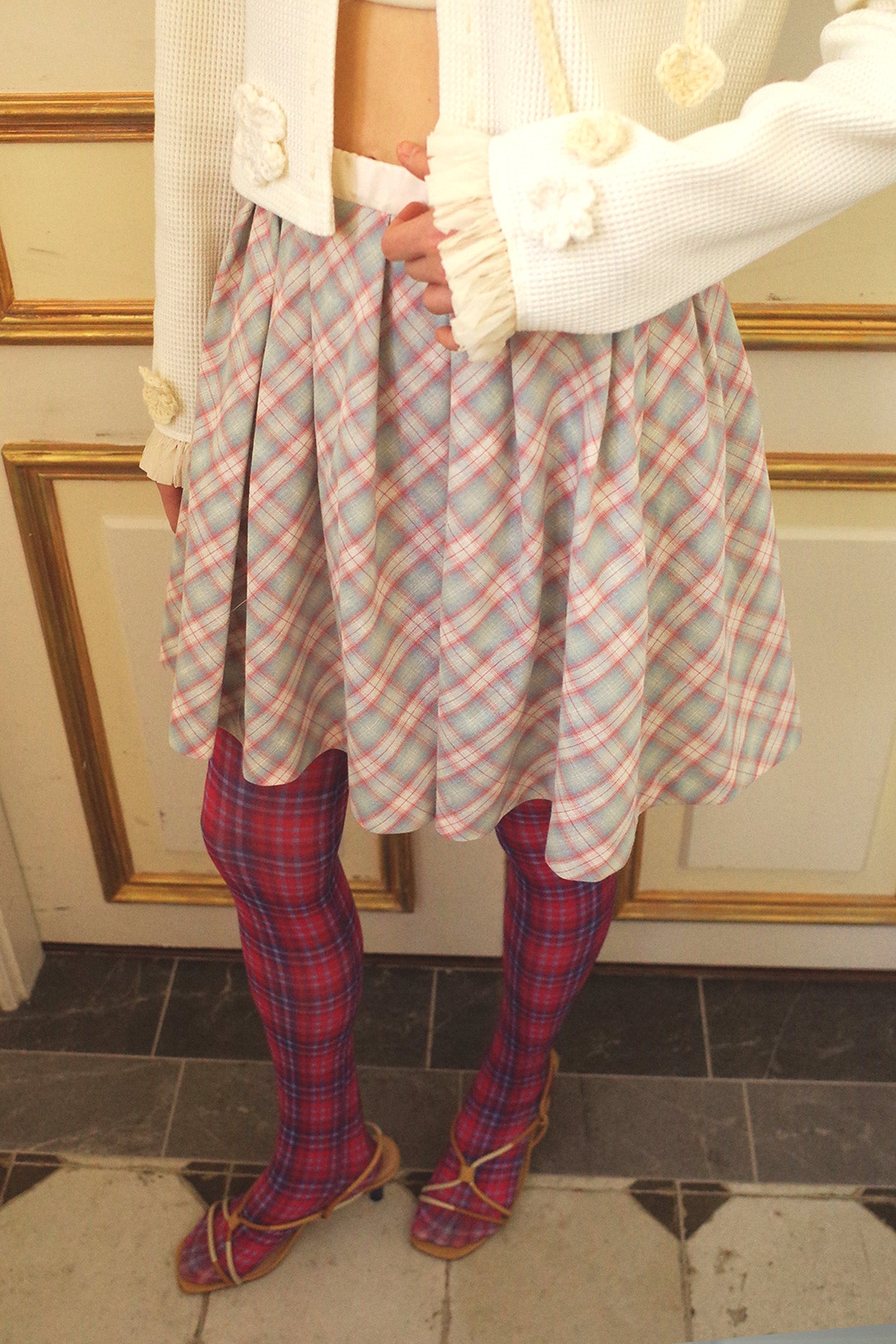 Pleats Full Midi Skirt Plaid