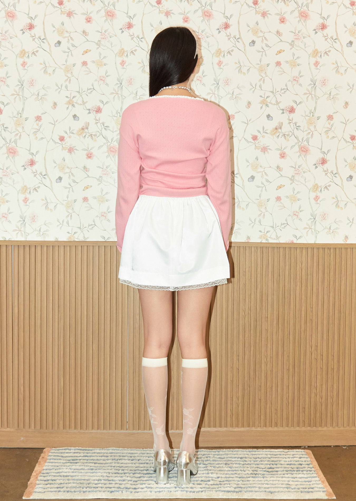 Lace Trim Eyelet Cardigan (Pink)
