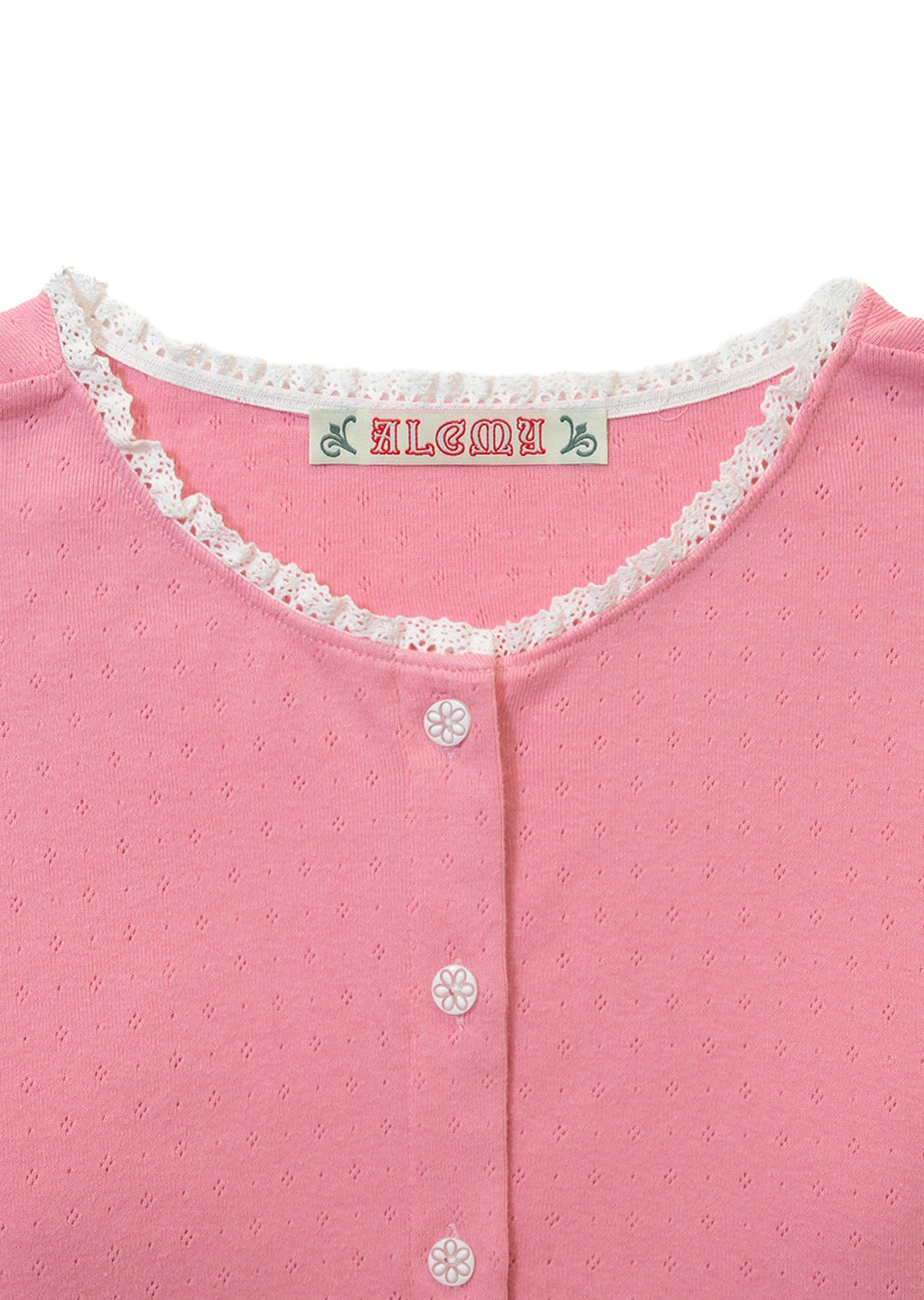 Lace Trim Eyelet Cardigan (Pink)
