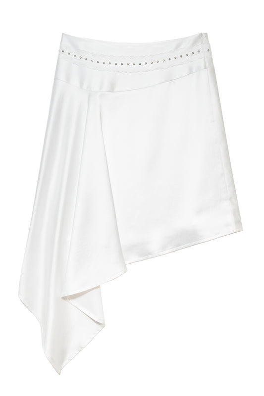 Asymmetric Satin Midi Skirt (White)