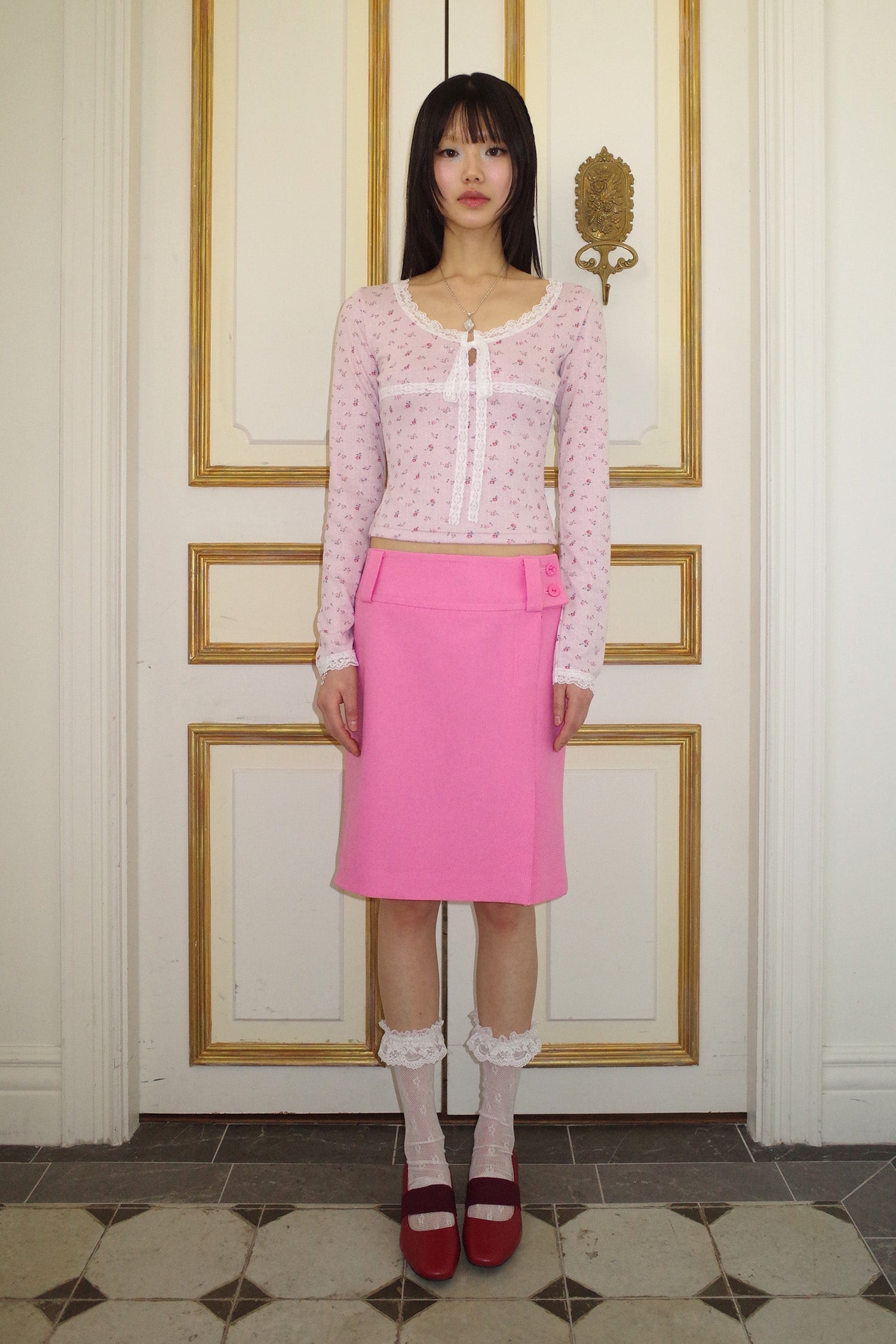 EYELET FLORAL LACE TOP_PINK