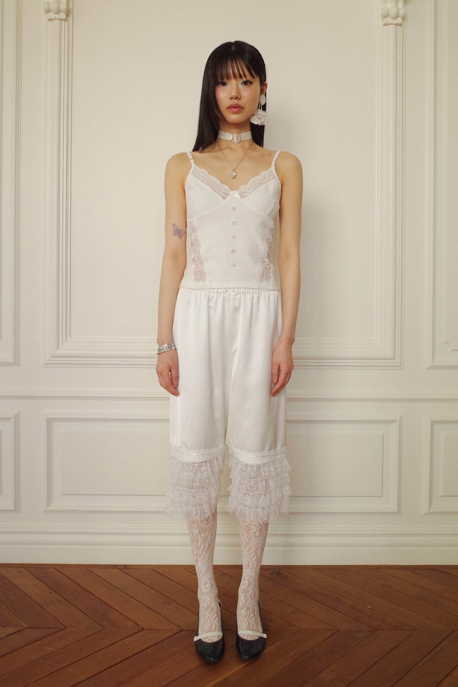TIERED LACE SATIN PANTS_WHITE