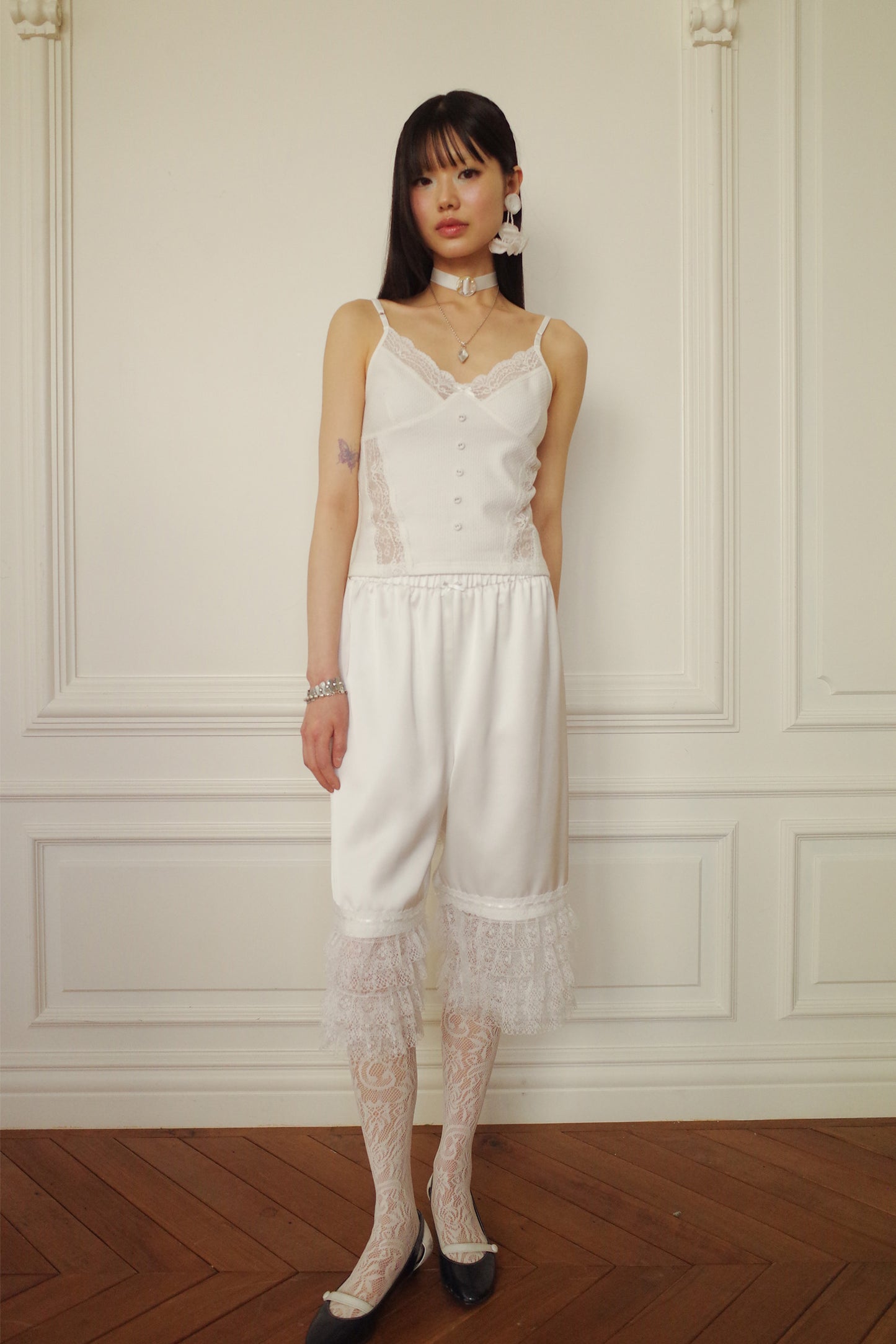Tiered Lace Satin Pants (White)
