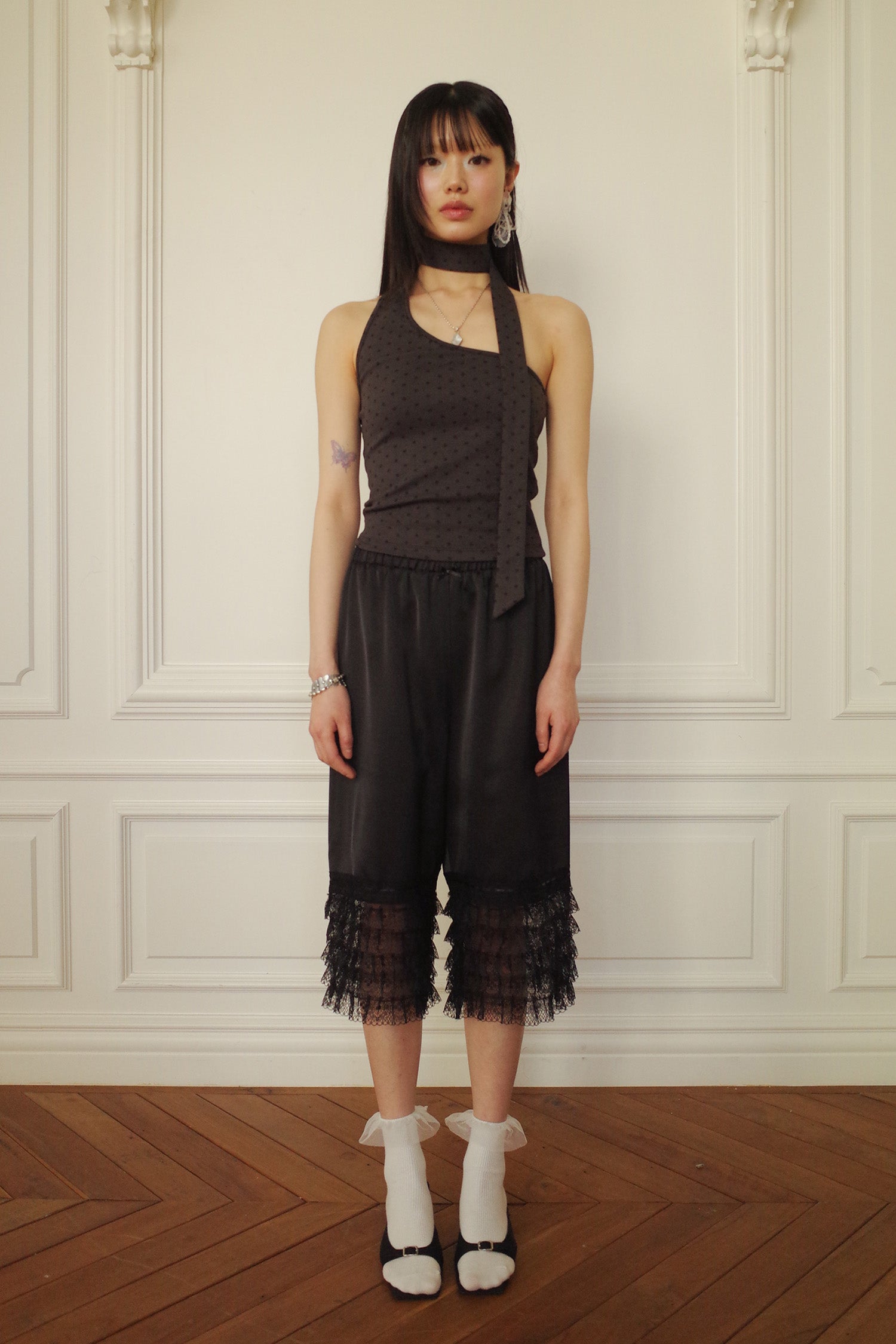 TIERED LACE SATIN PANTS_BLACK