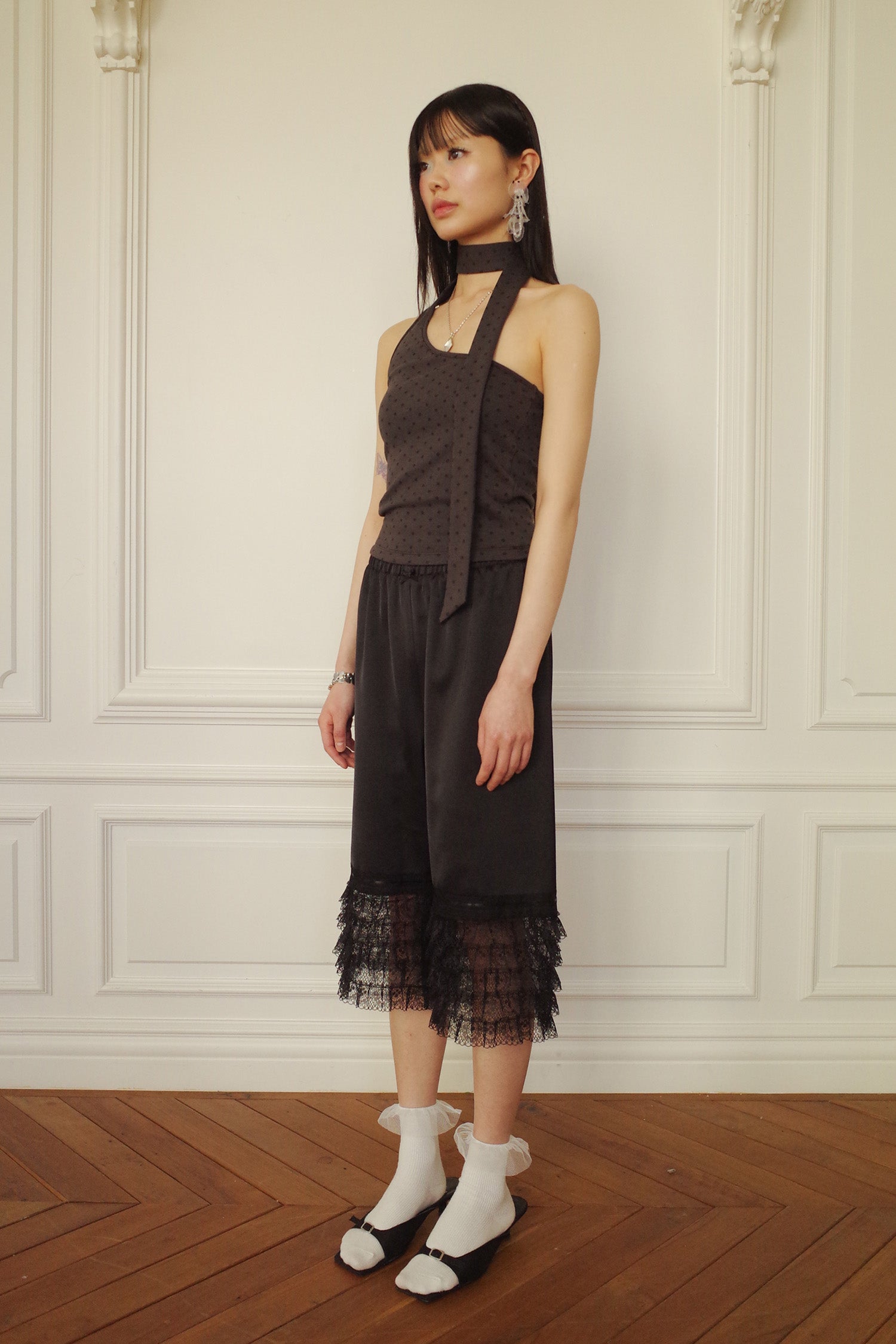 TIERED LACE SATIN PANTS_BLACK