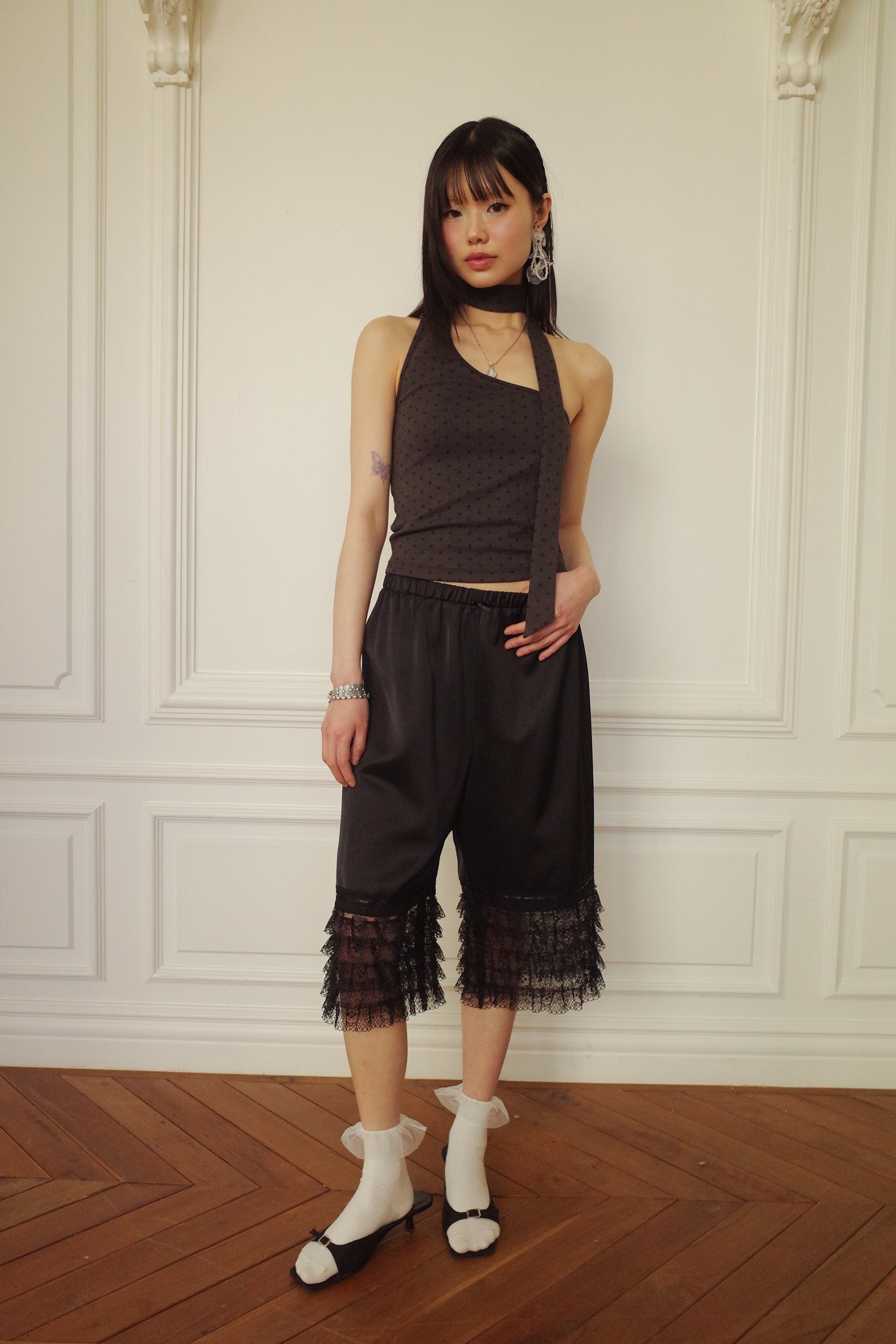 TIERED LACE SATIN PANTS_BLACK
