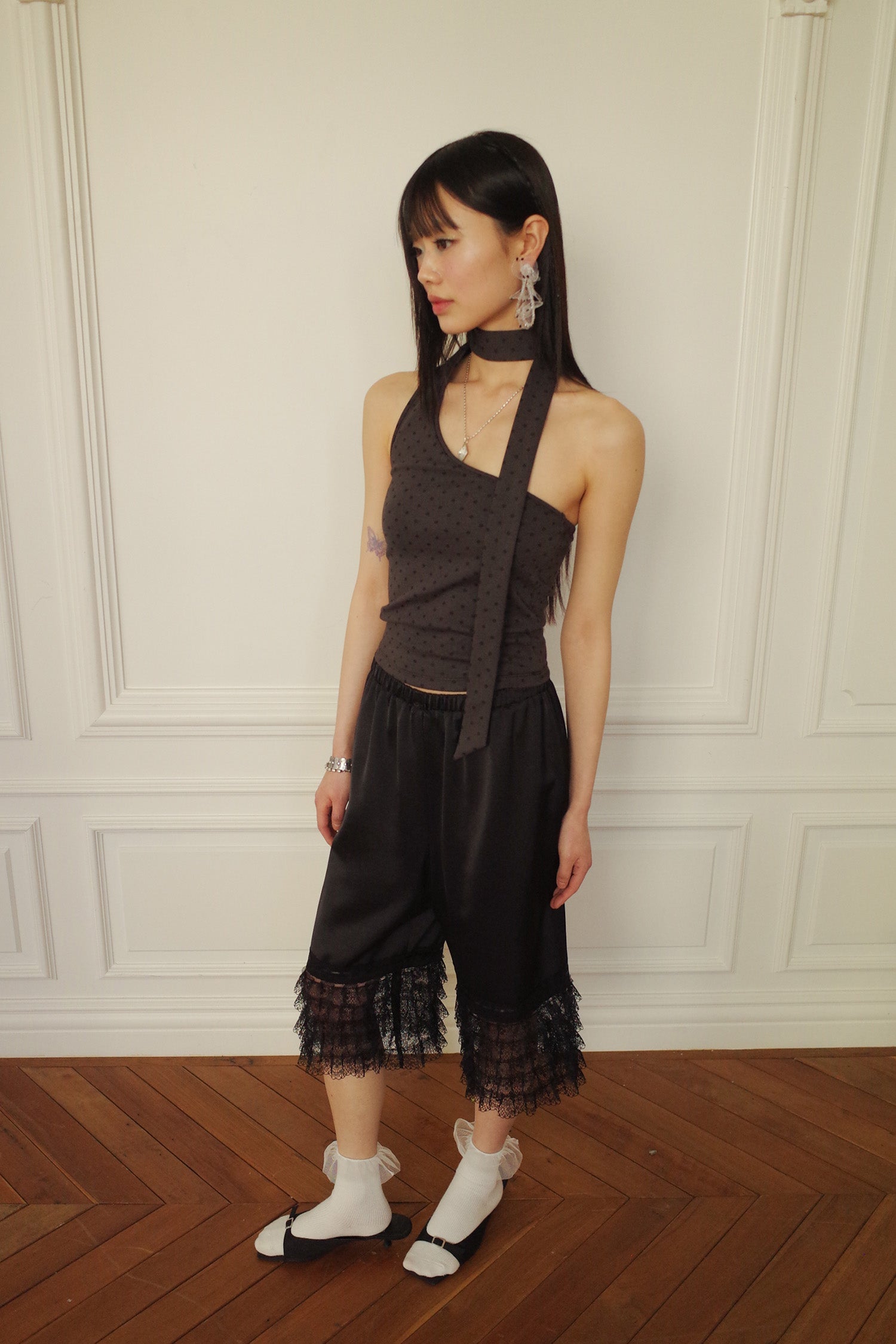TIERED LACE SATIN PANTS_BLACK