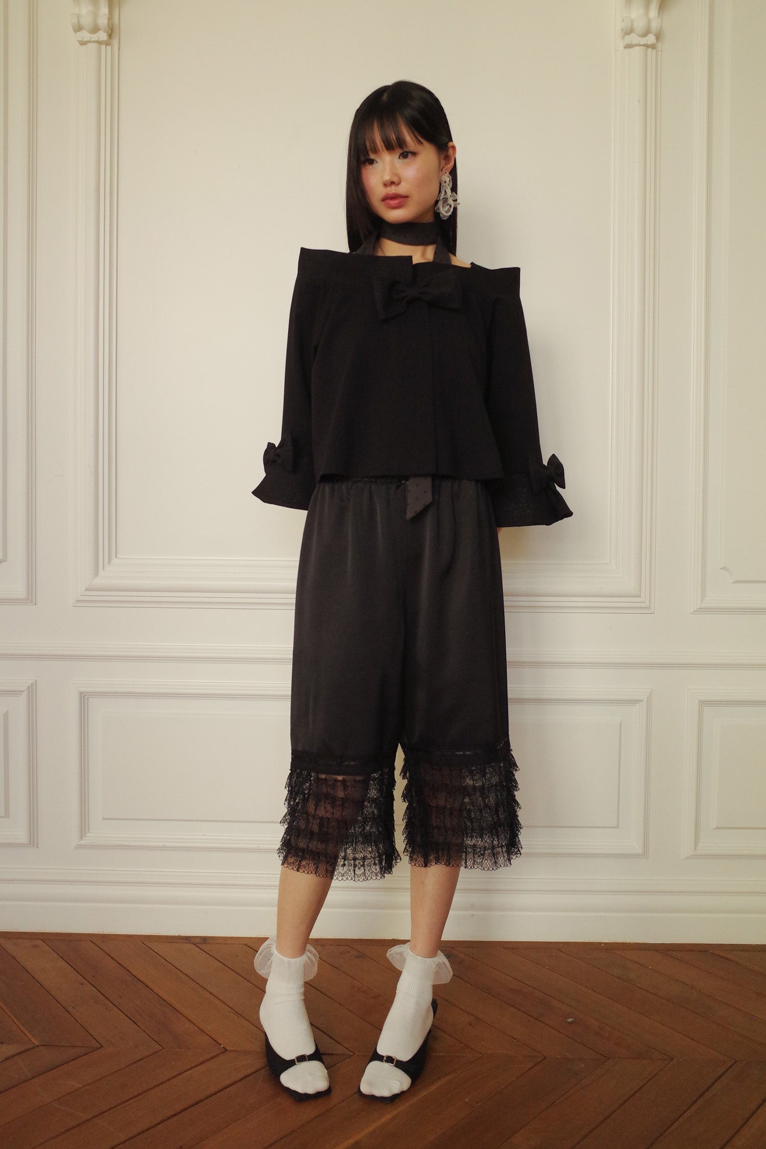TIERED LACE SATIN PANTS_BLACK