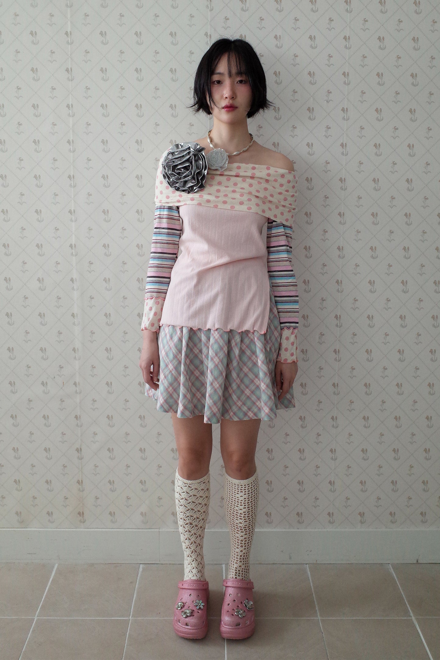 Multi Pattern Bardot Top (Pink)
