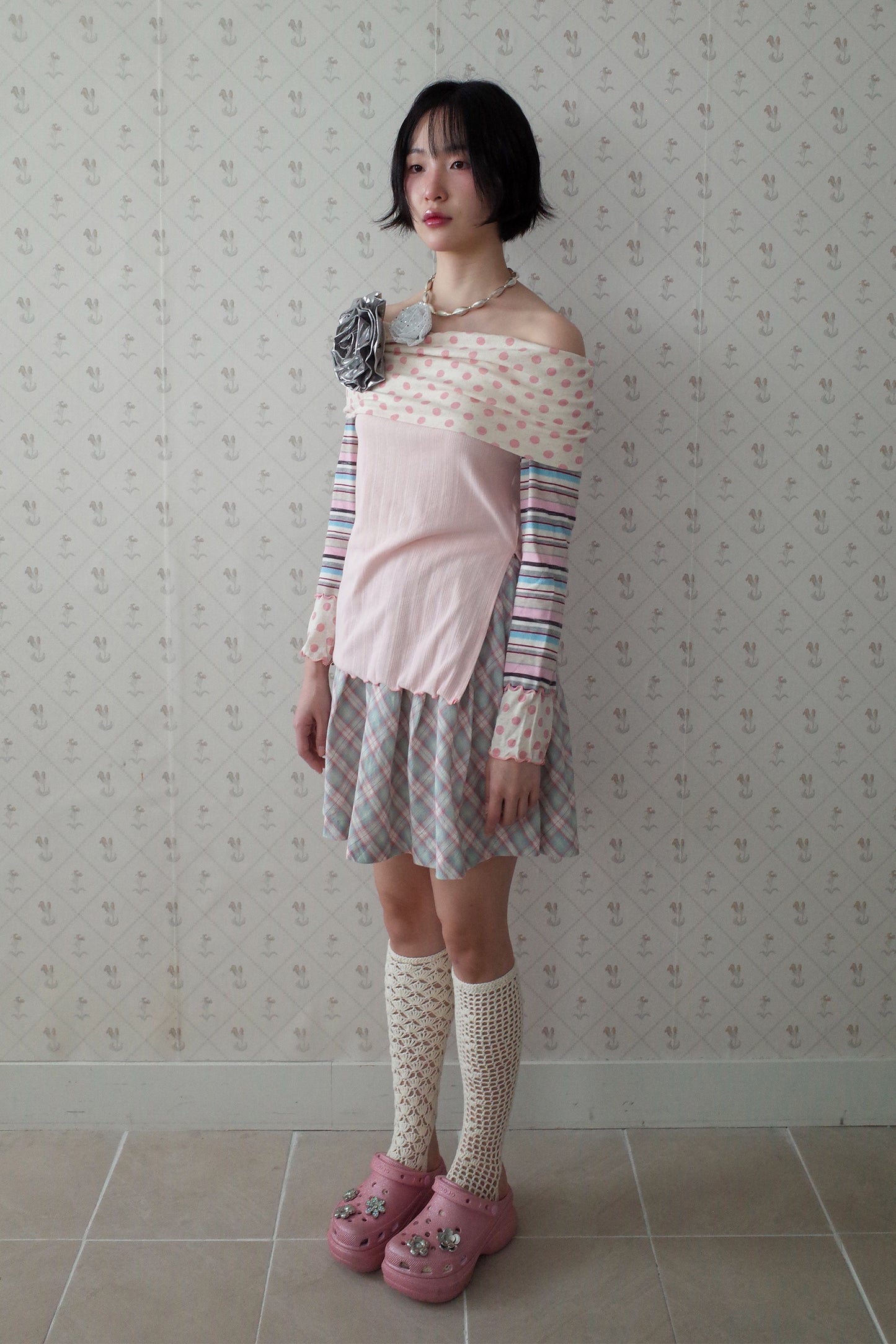 Multi Pattern Bardot Top (Pink)