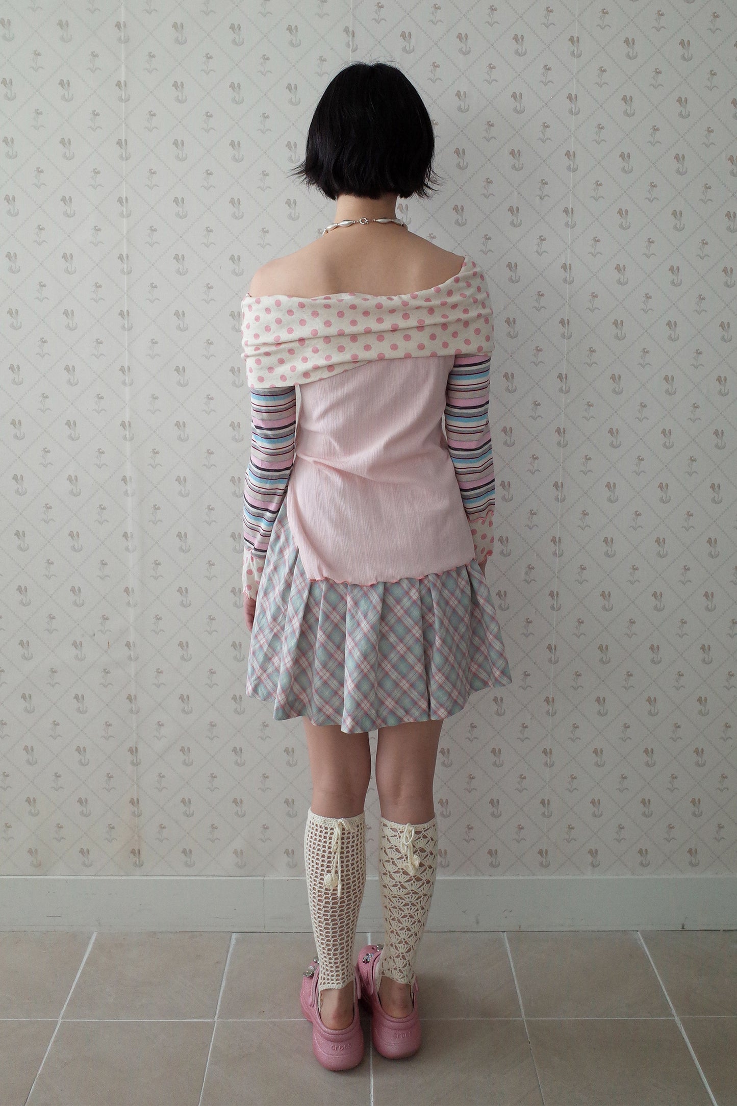 Multi Pattern Bardot Top (Pink)