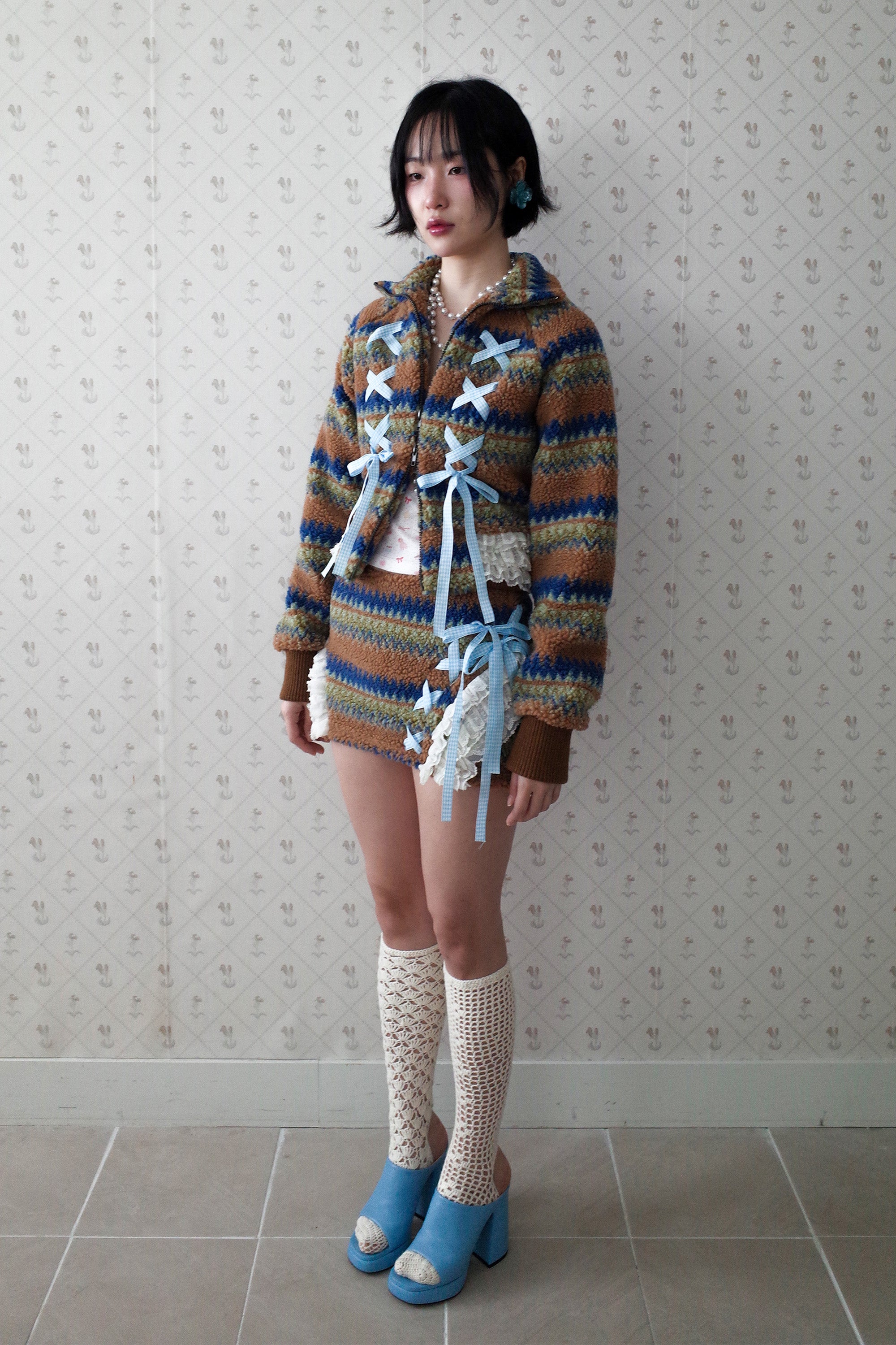 Ribbon&lace teddy jumper camel