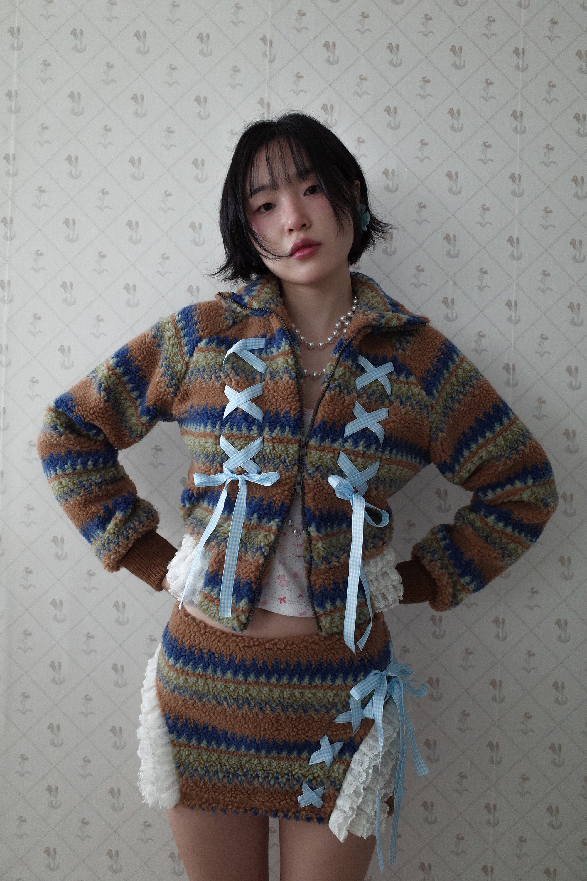 Ribbon&lace teddy jumper camel