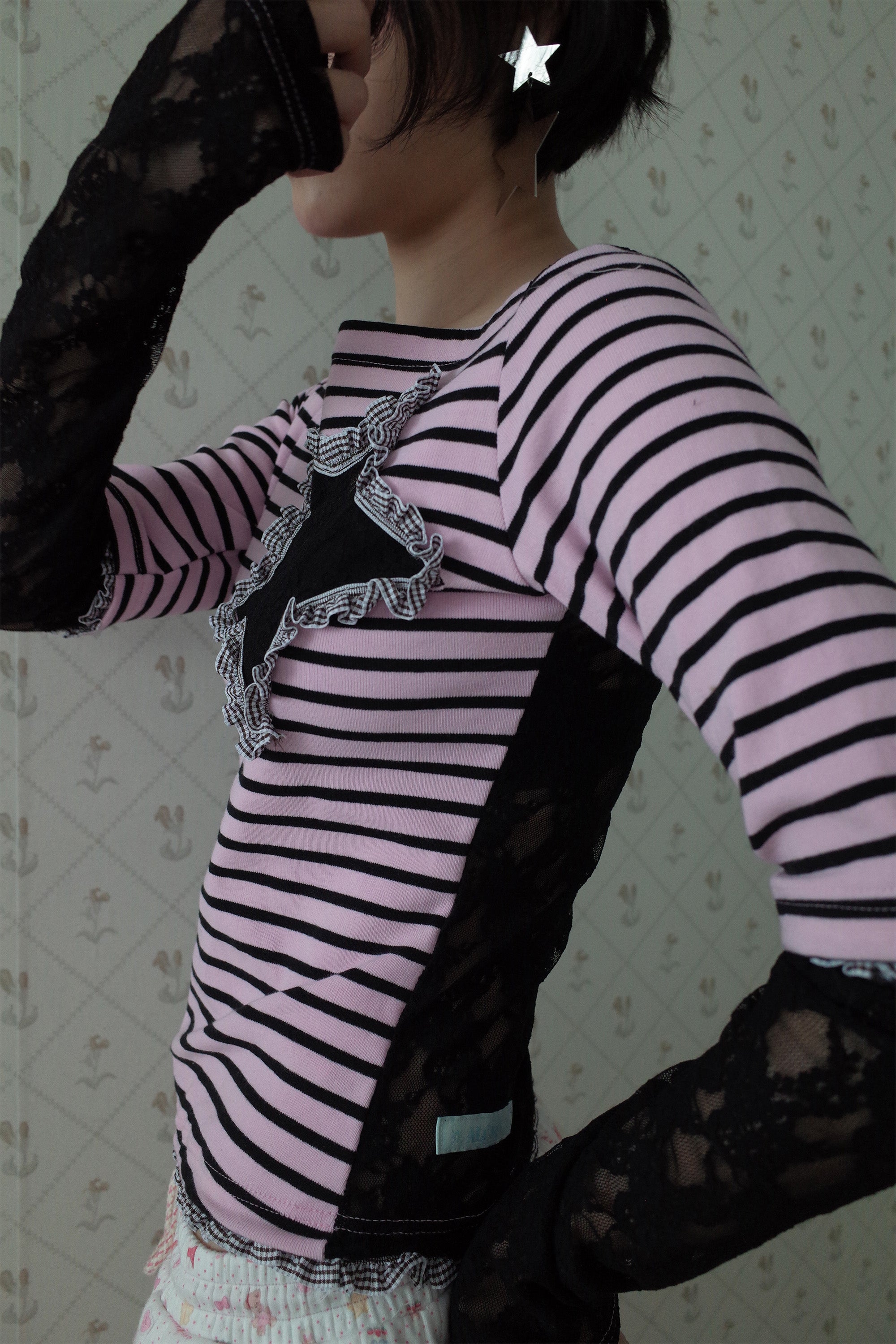 Collaged stripe star top black