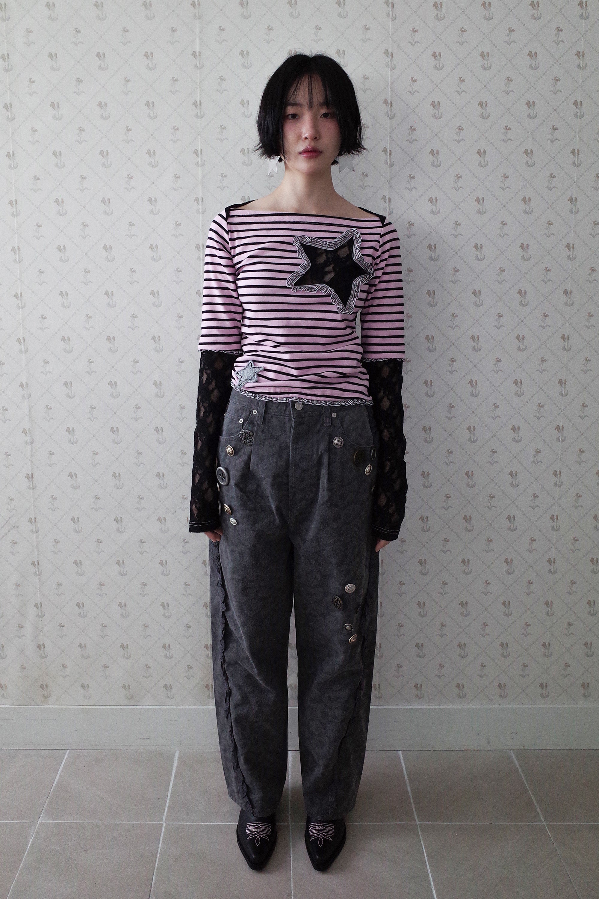 Collaged stripe star top black