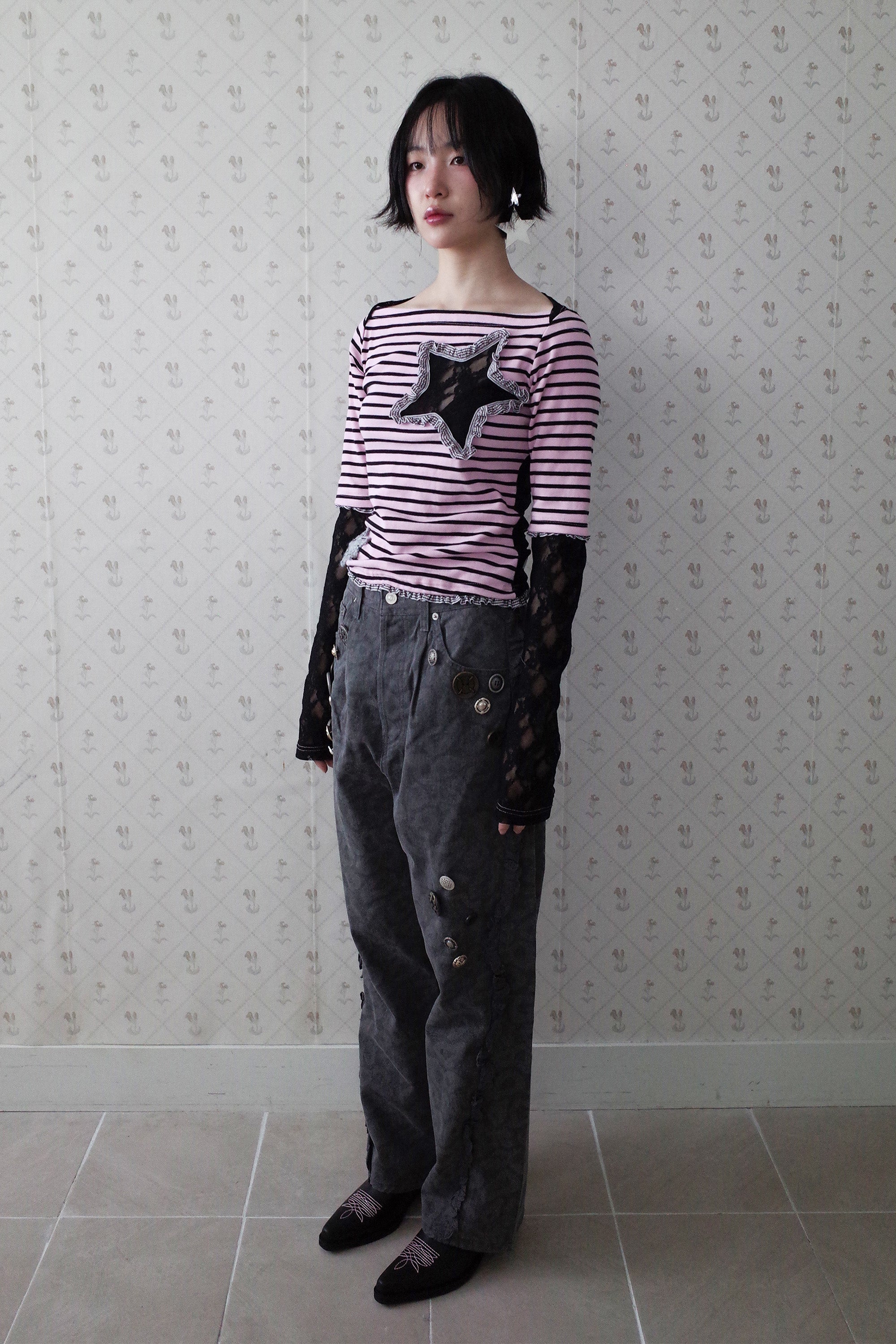 Collaged stripe star top black