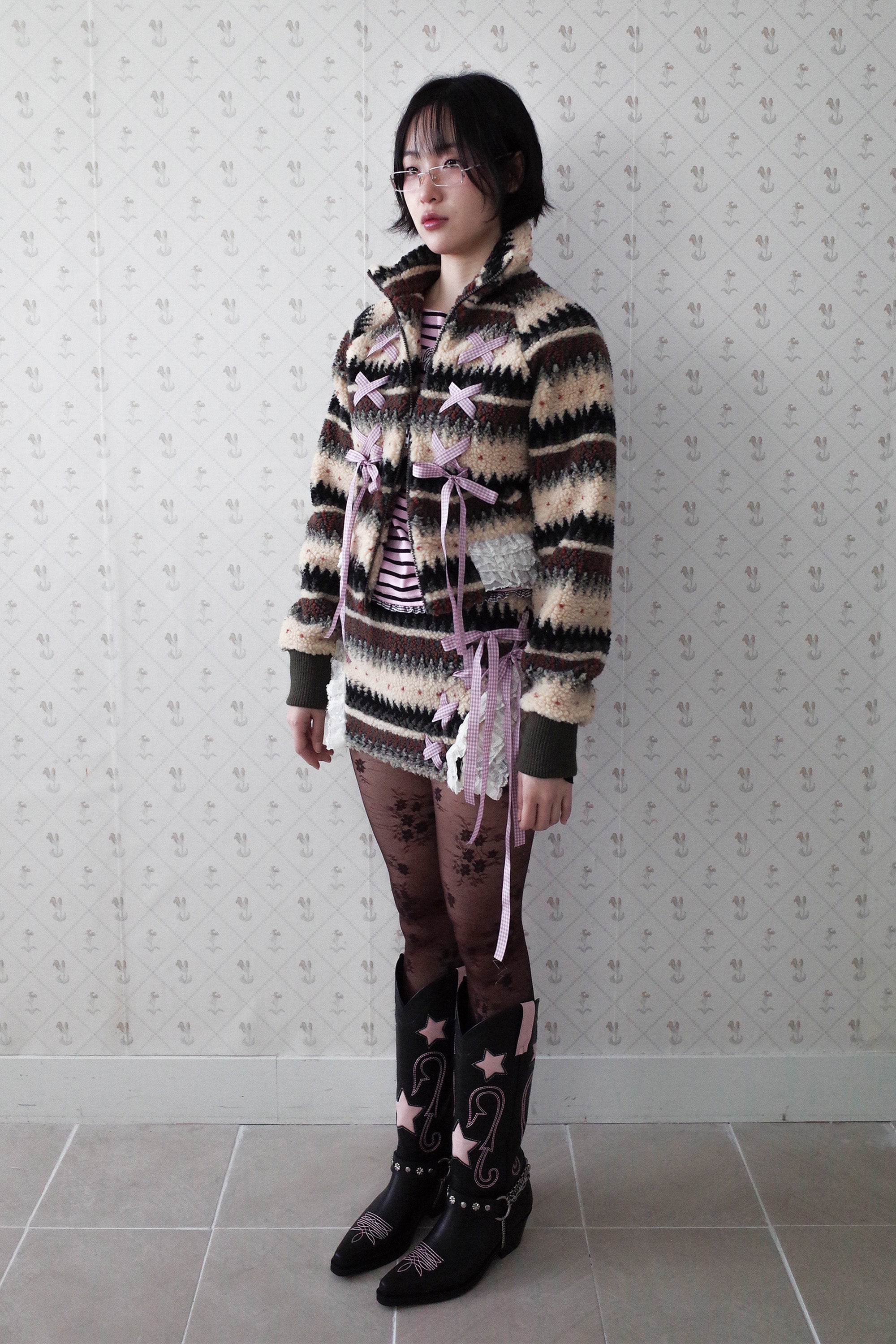 Ribbon&lace teddy jumper beige