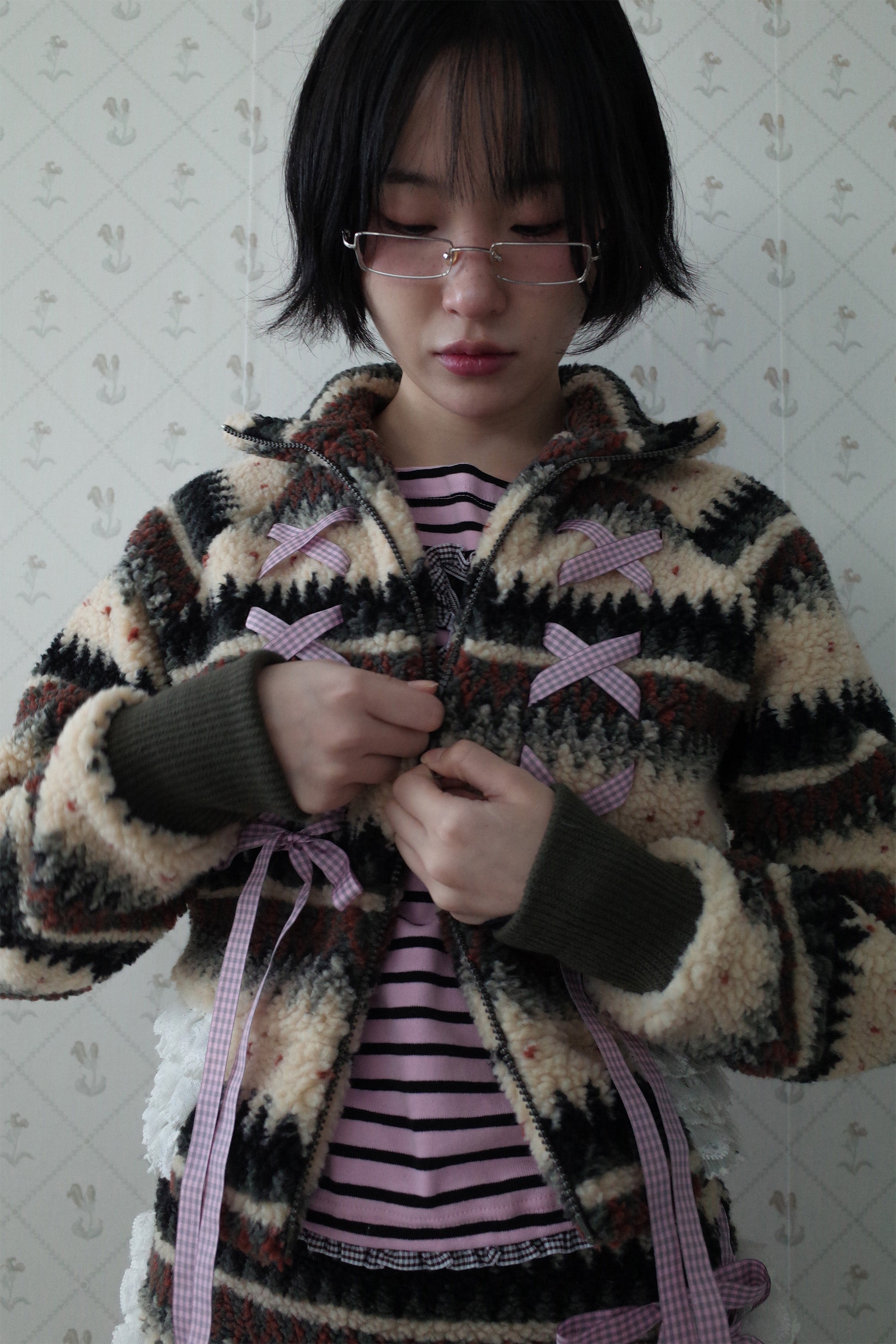 Ribbon&lace teddy jumper beige