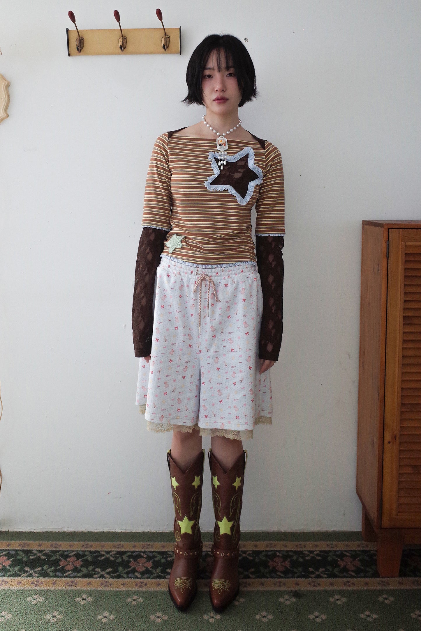 Collaged Stripe Star Top (Brown)