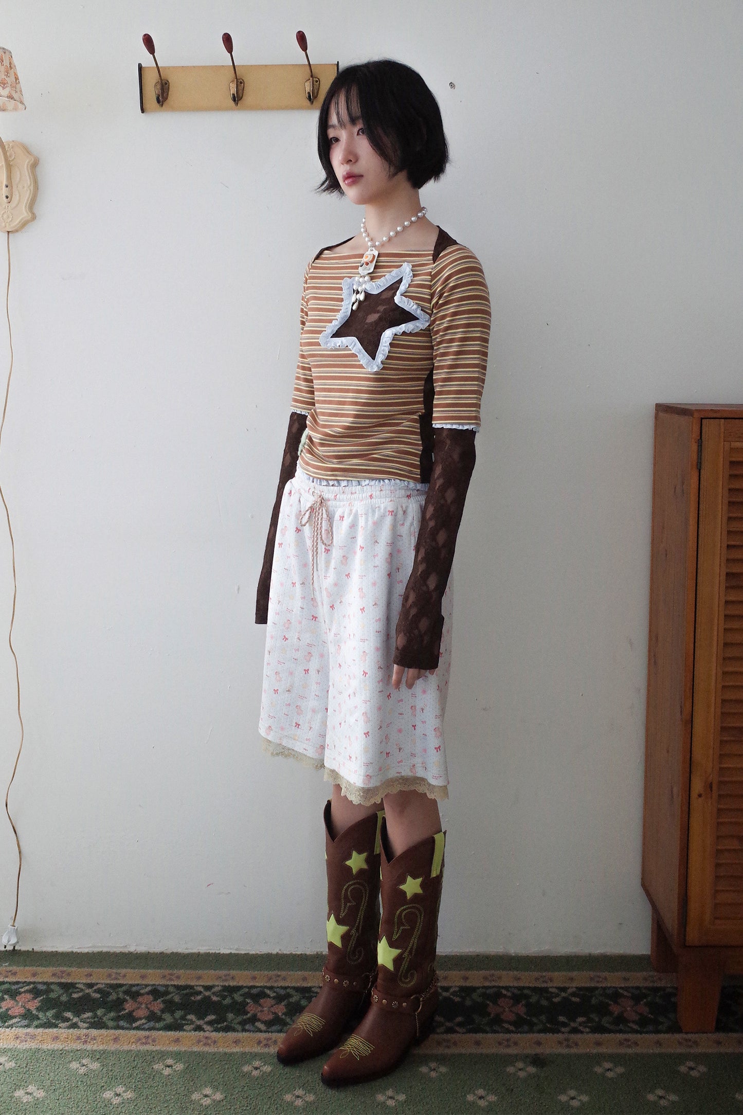 Collaged Stripe Star Top (Brown)