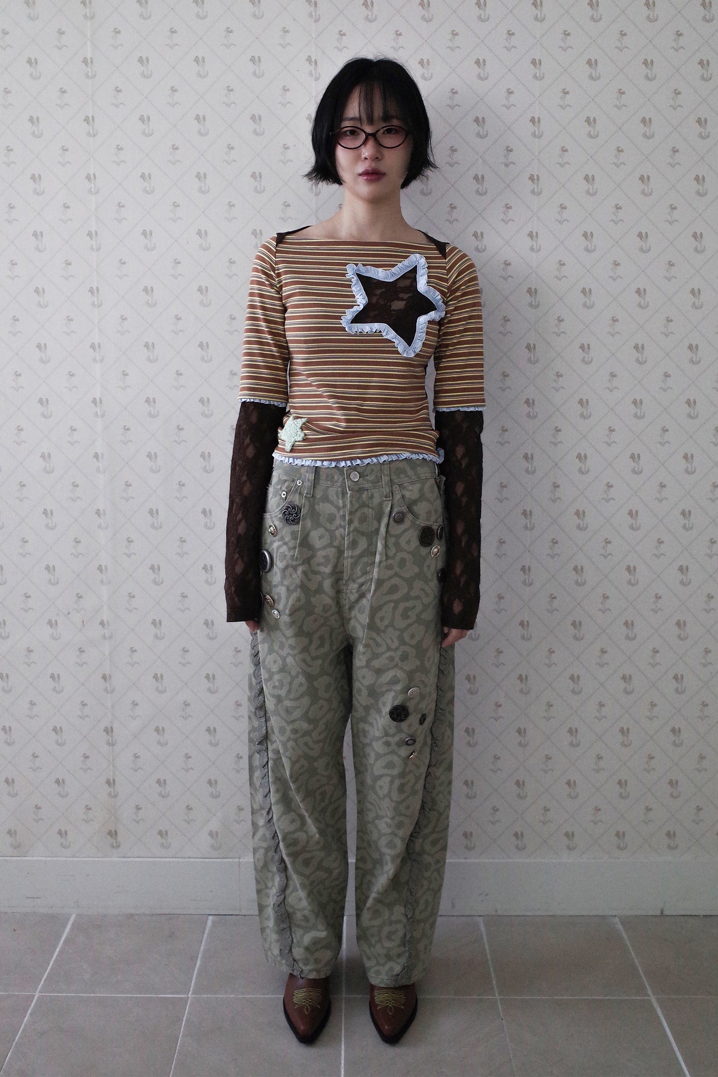 Collaged Stripe Star Top (Brown)