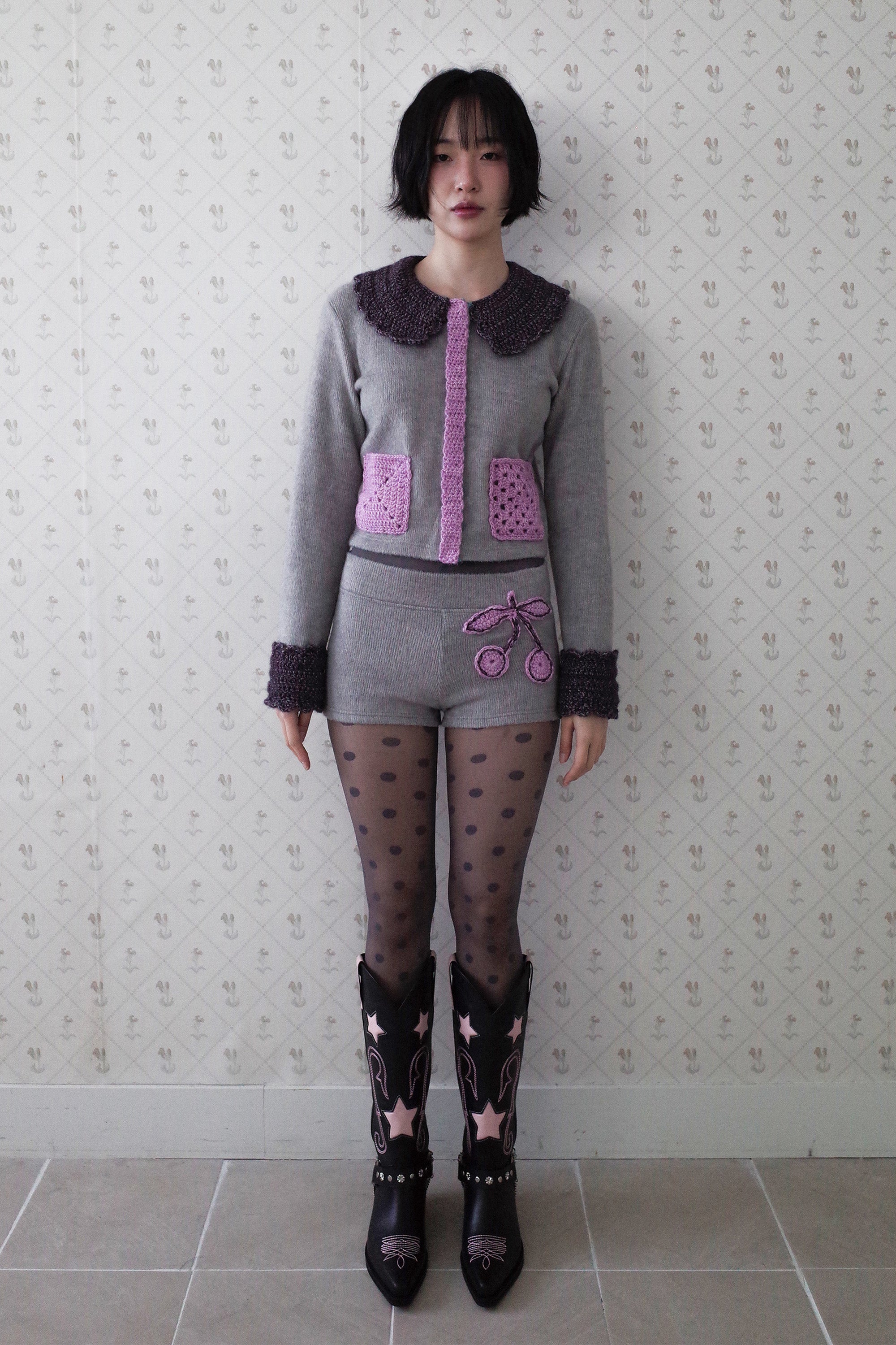 Crochet cherry shorts grey