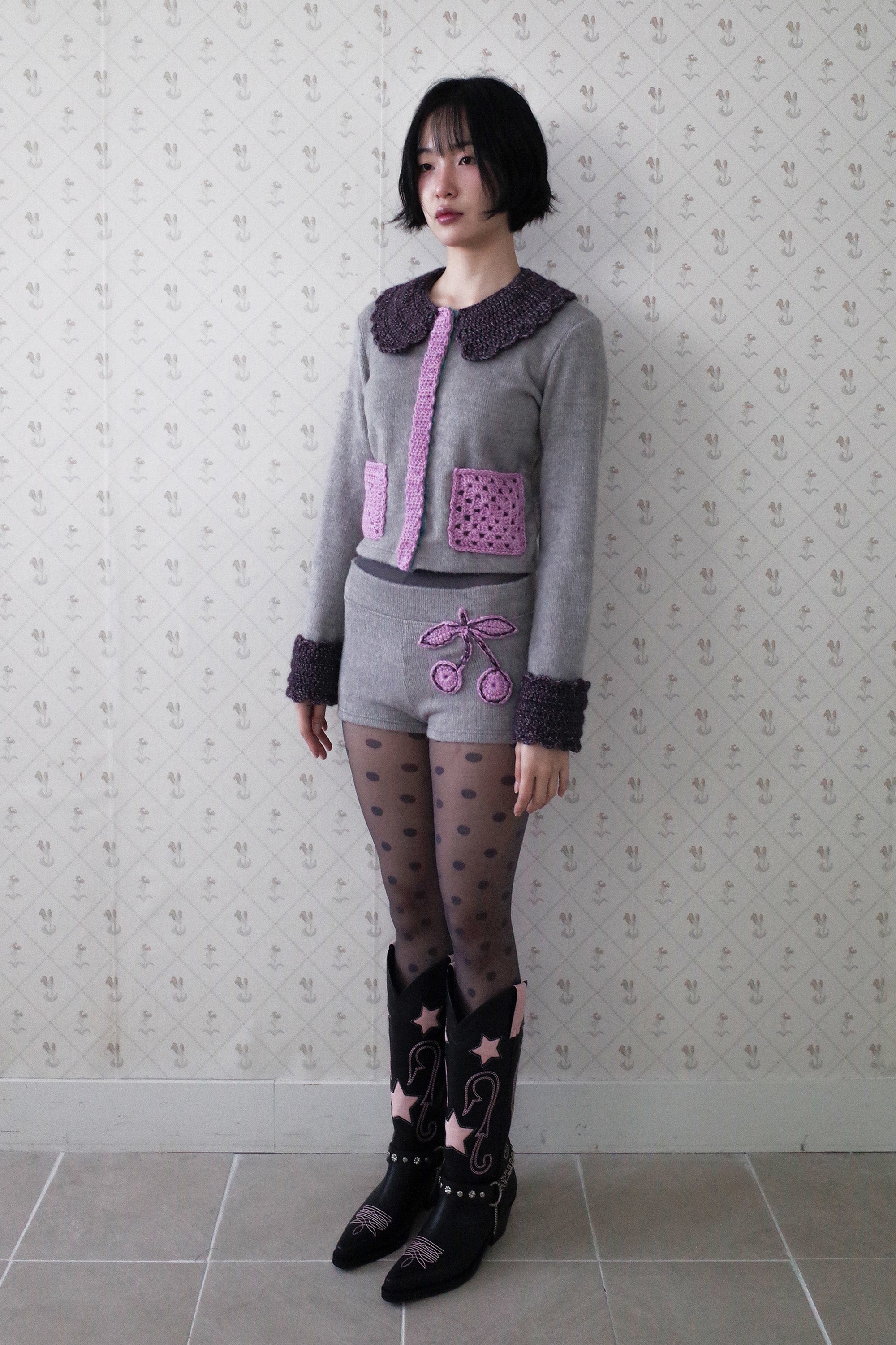 Crochet cherry shorts grey