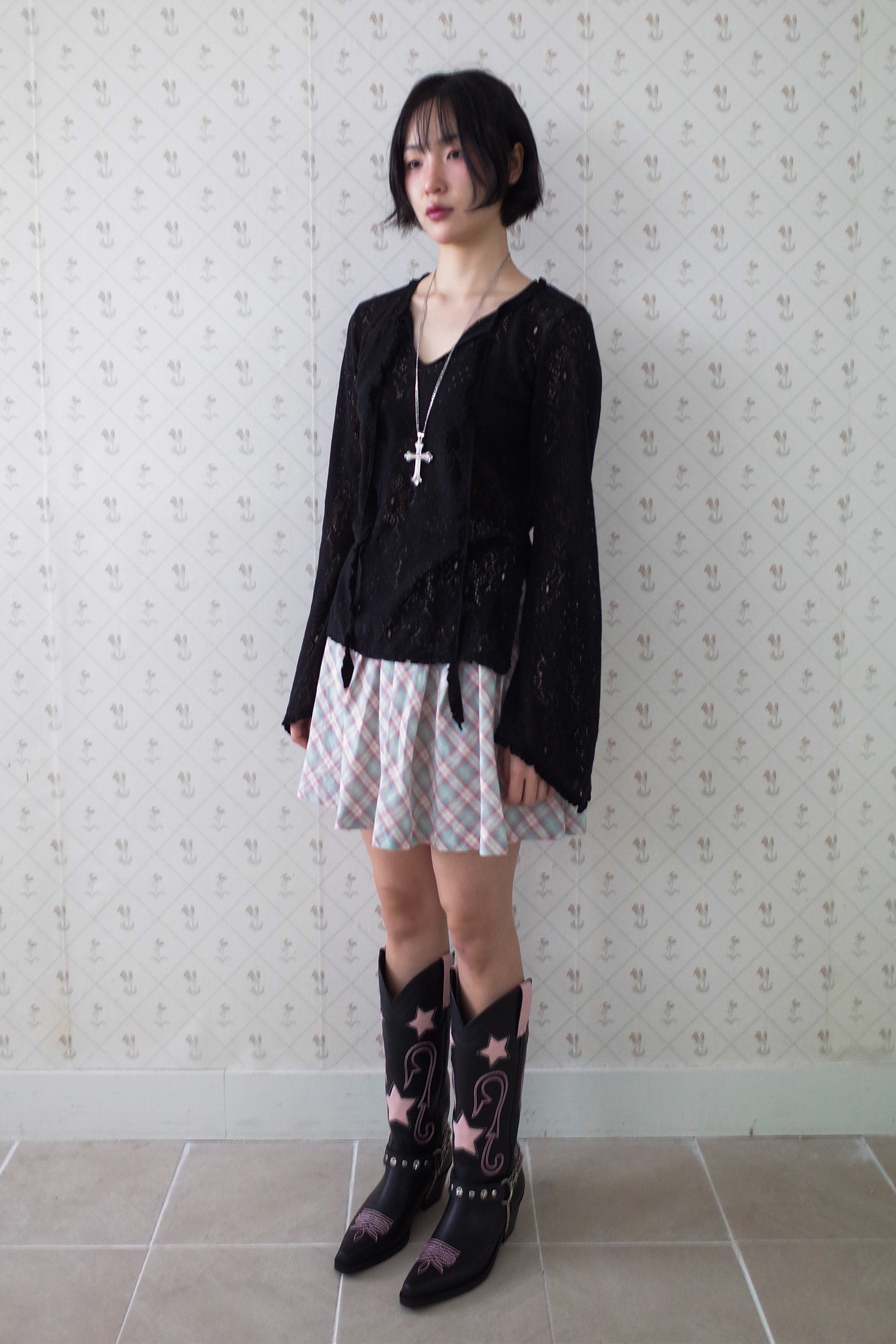 Brushed lace tunic top black