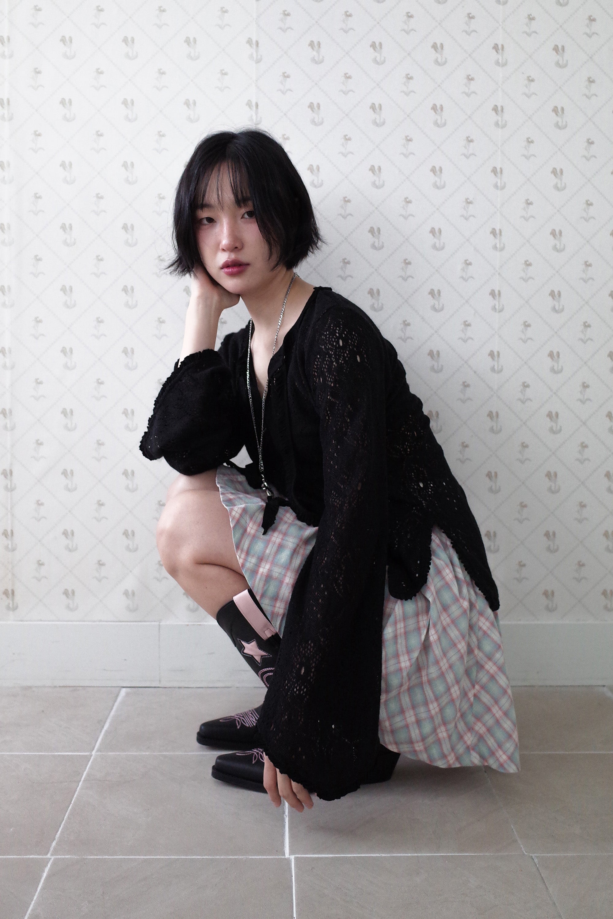 Brushed lace tunic top black