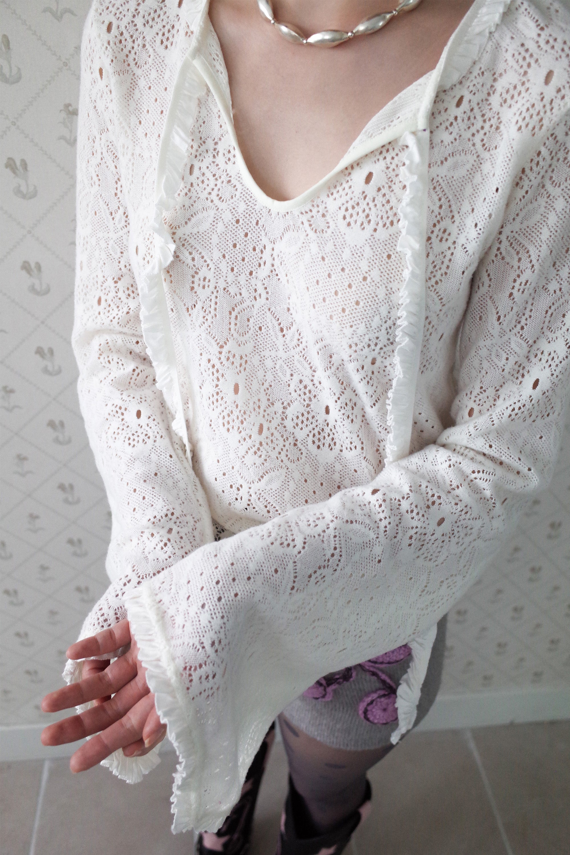Brushed lace tunic top white
