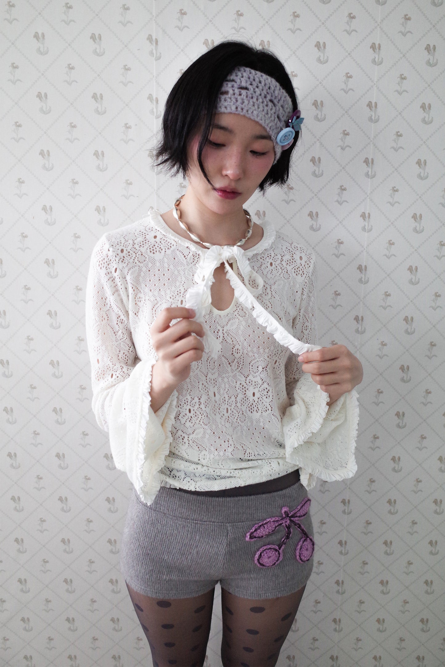 Crochet Cherry Shorts (Grey)
