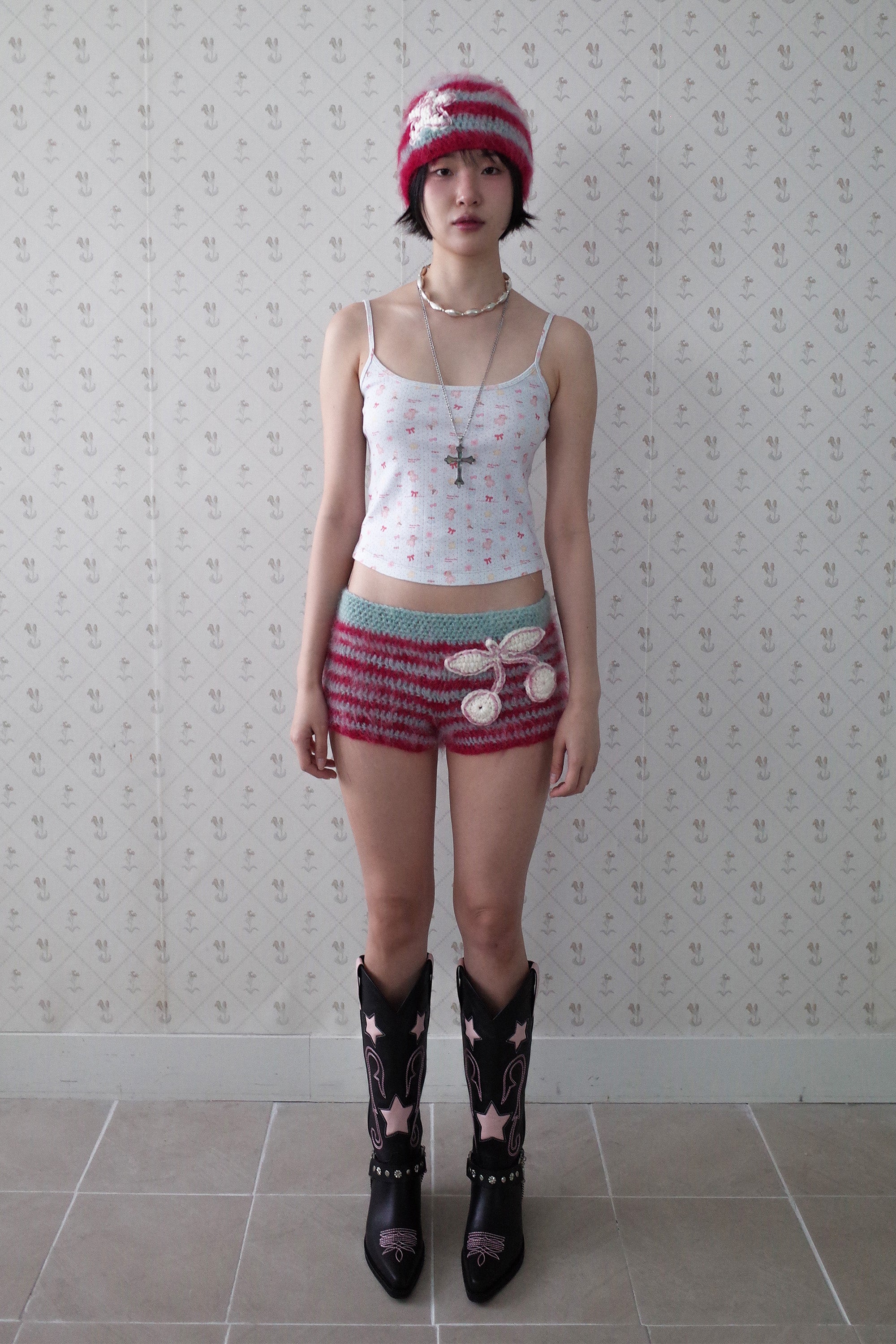 [Ordermade]Crochet mohair cherry shorts pink