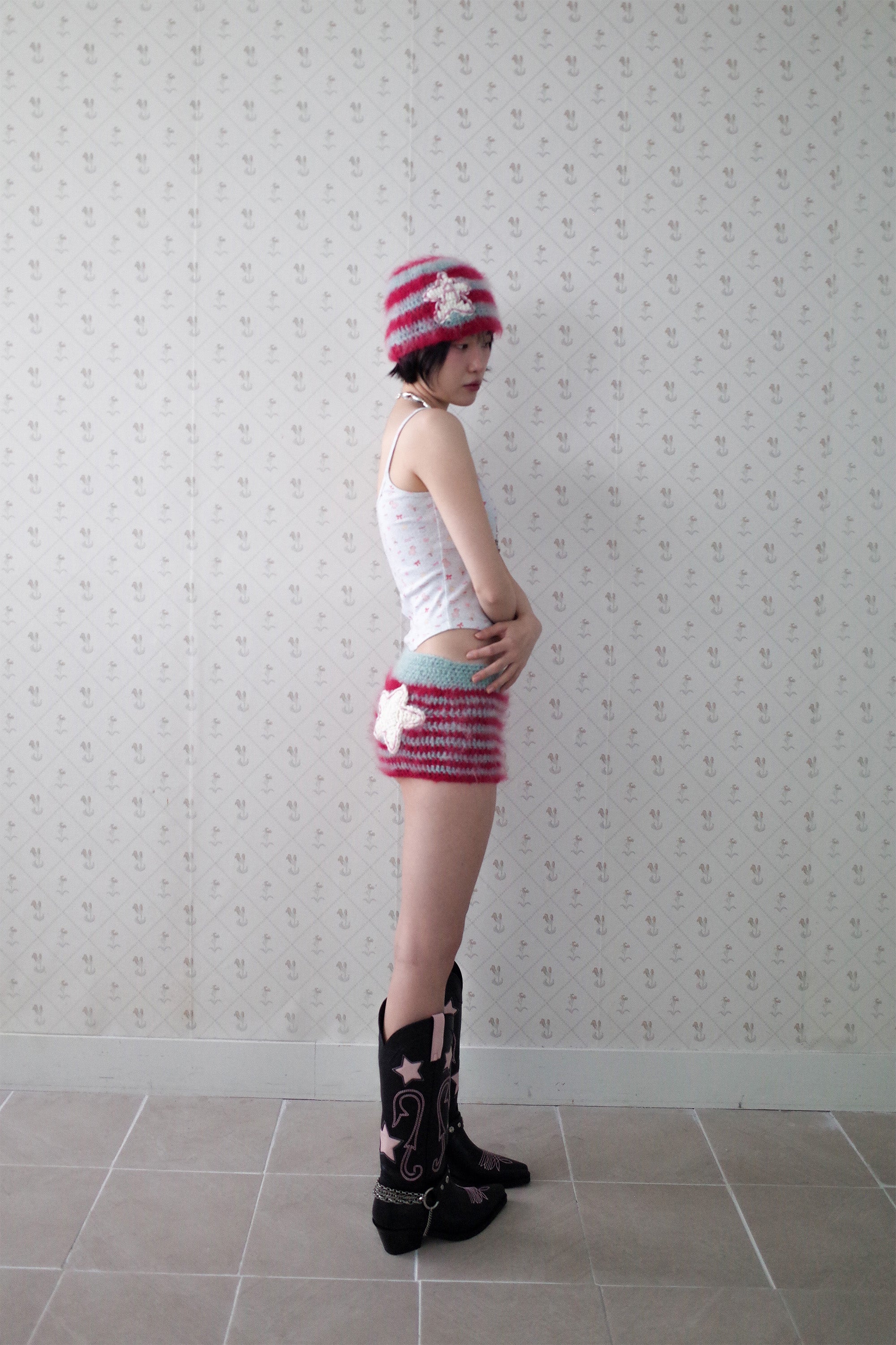 Crochet mohair star beanie pink