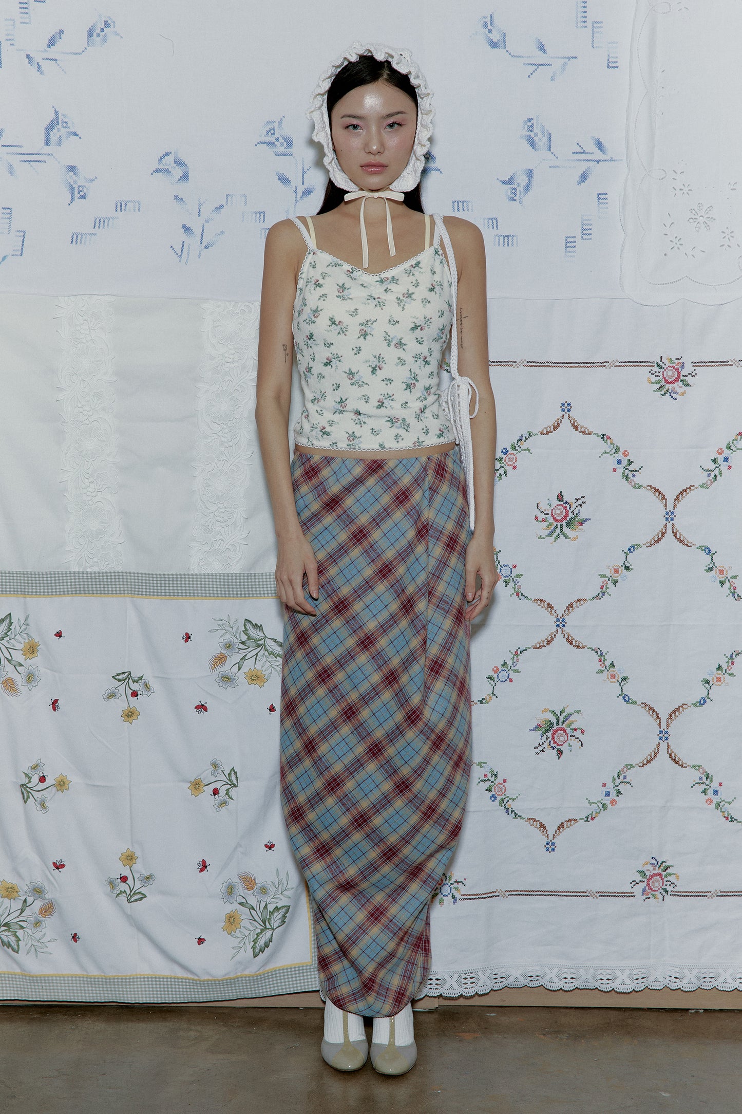 Drape Plaid Long Skirt (Blue)