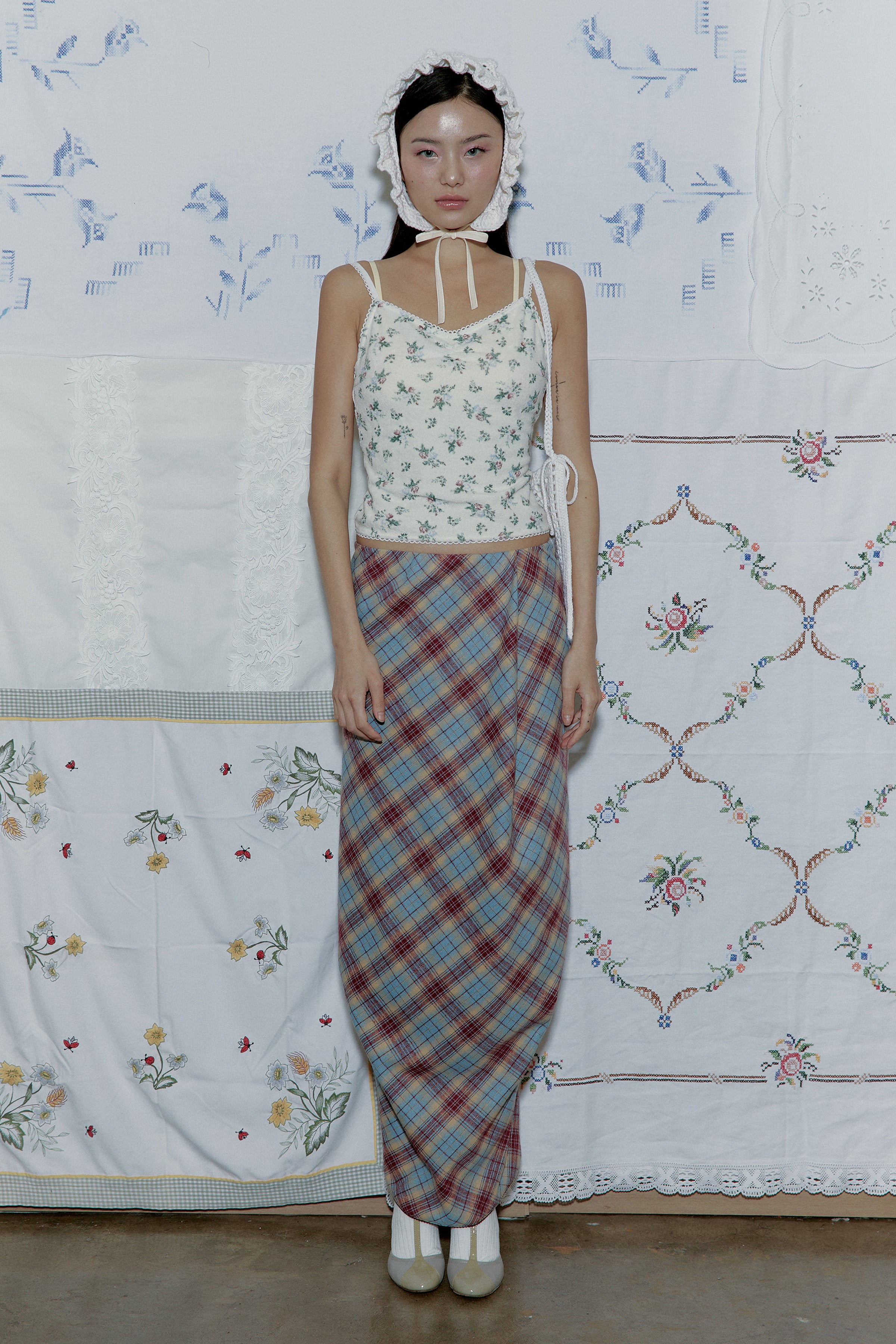 DRAPE PLAID LONG SKIRT_BLUE