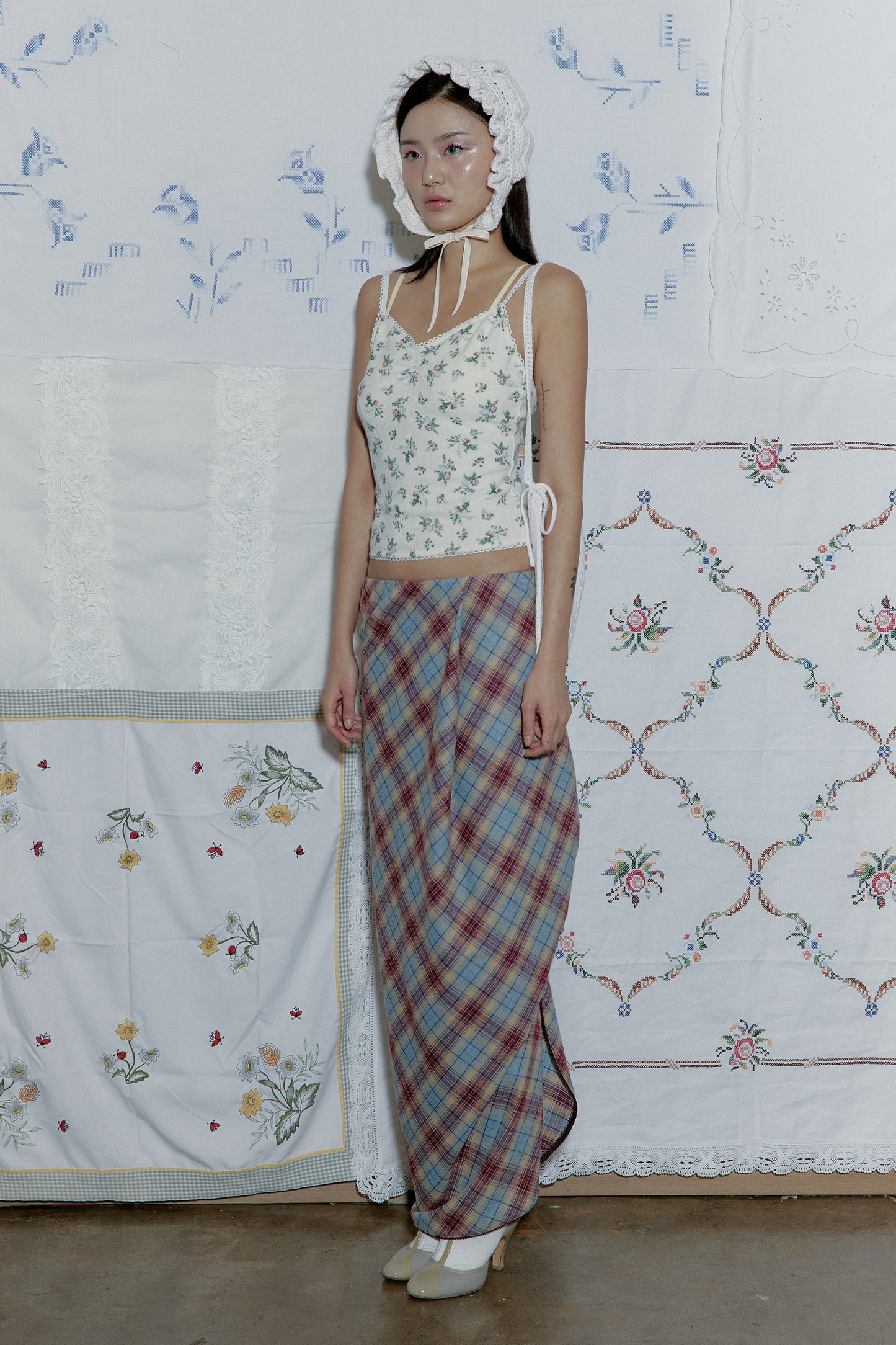 Drape Plaid Long Skirt (Blue)