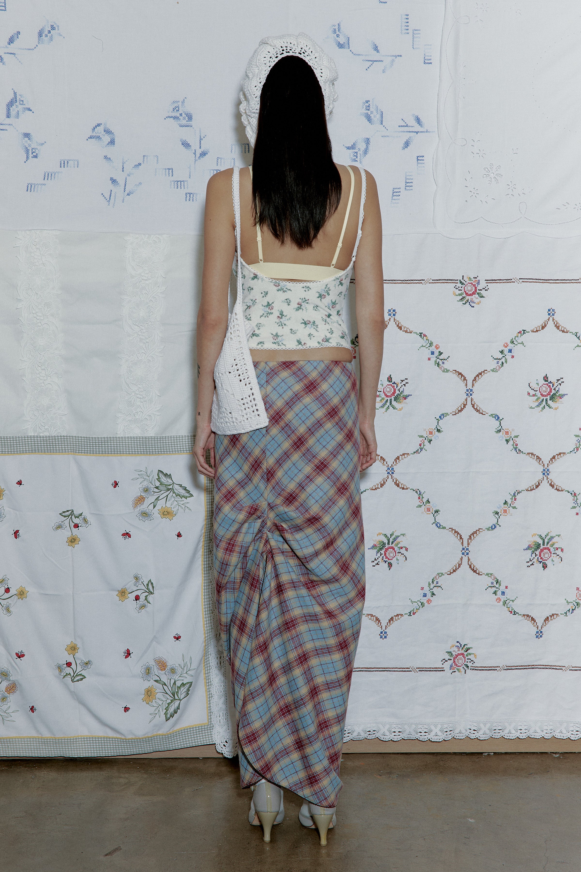 DRAPE PLAID LONG SKIRT_BLUE
