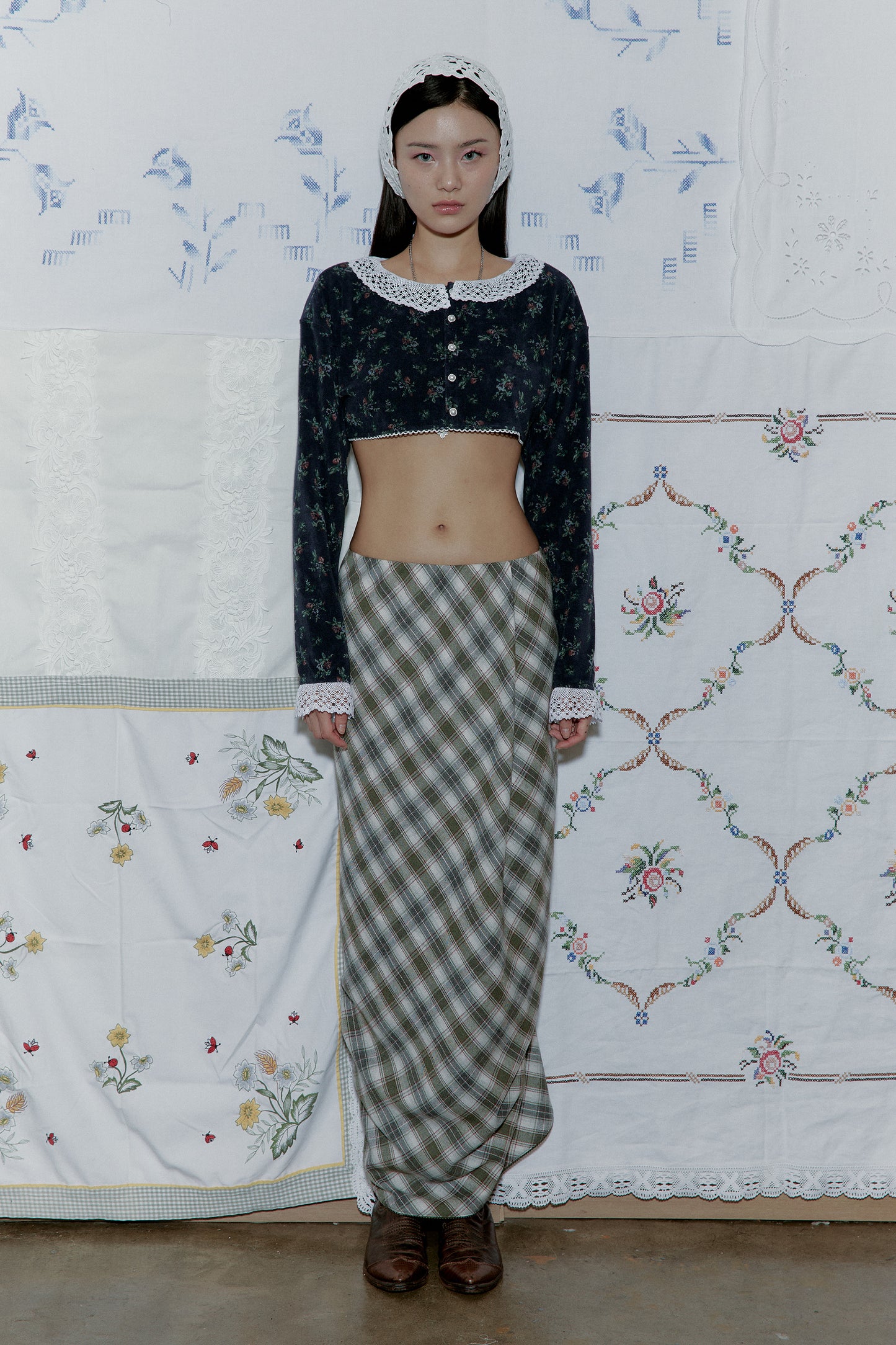 Drape Plaid Long Skirt (Khaki)