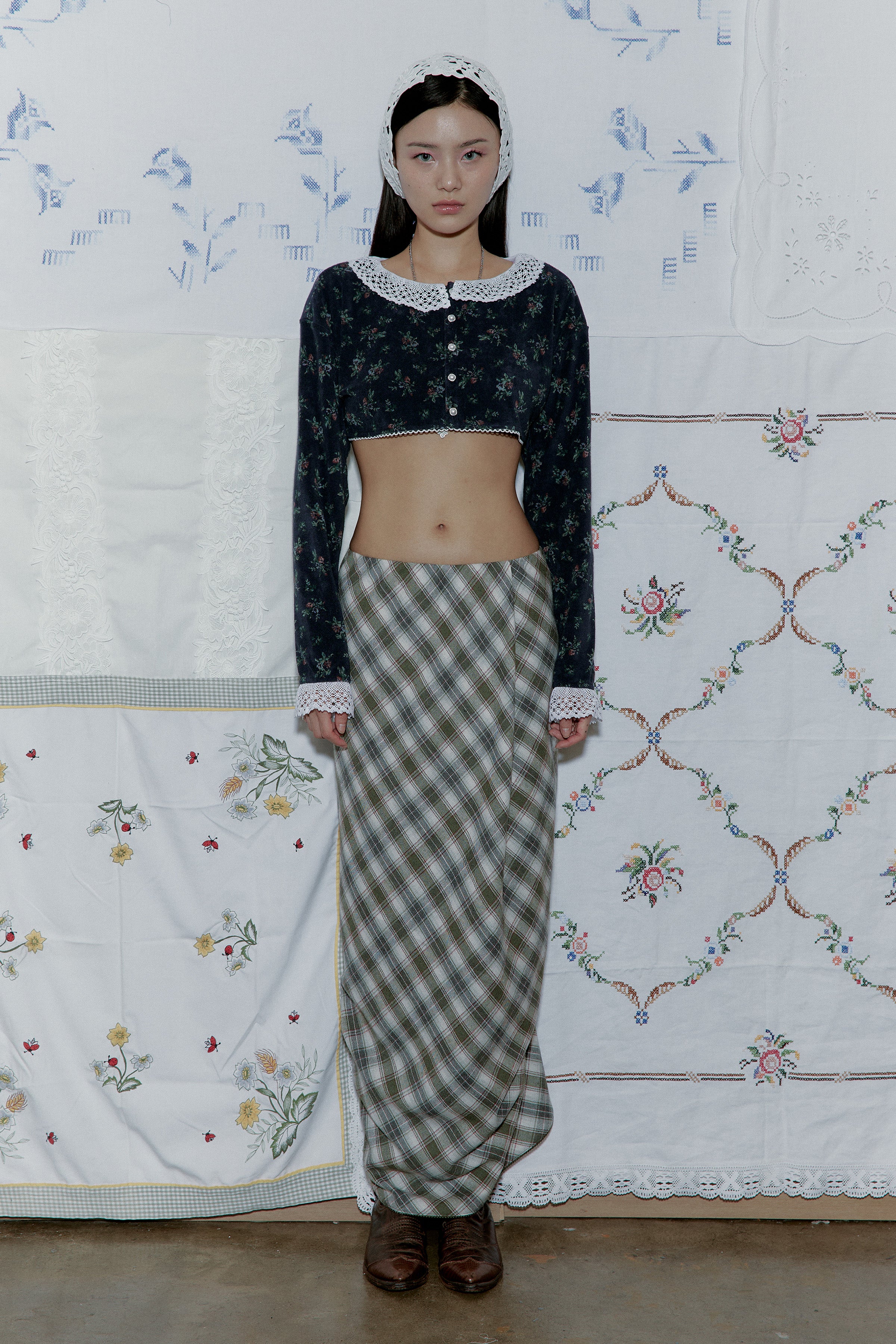DRAPE PLAID LONG SKIRT_KHAKI