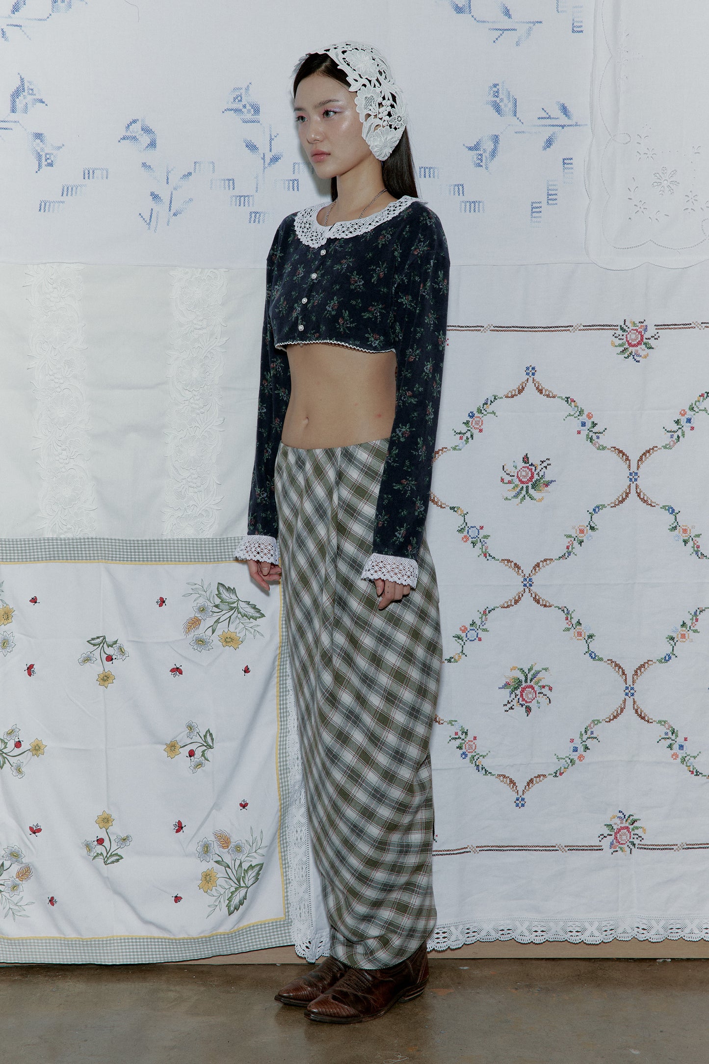 Drape Plaid Long Skirt (Khaki)