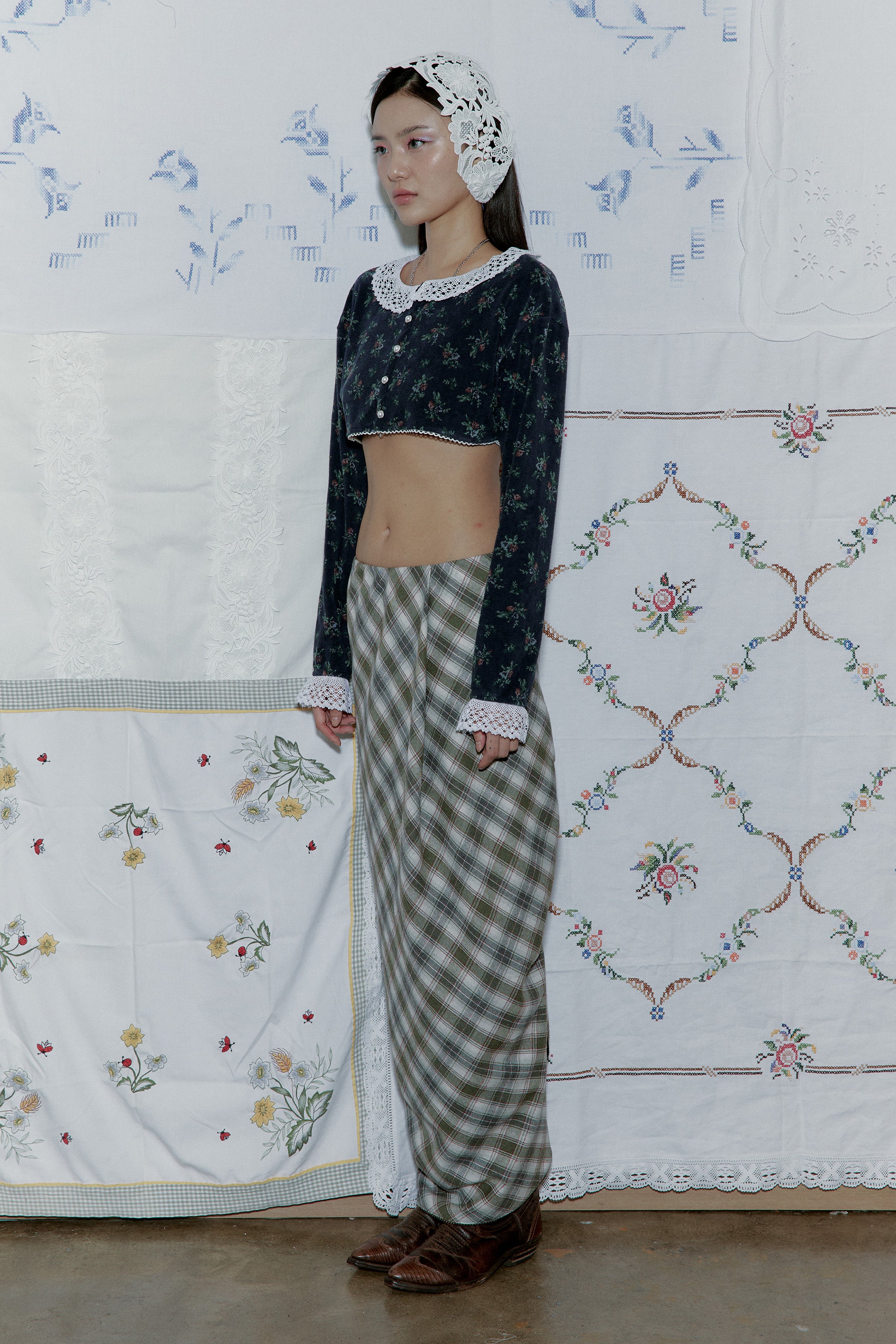 DRAPE PLAID LONG SKIRT_KHAKI