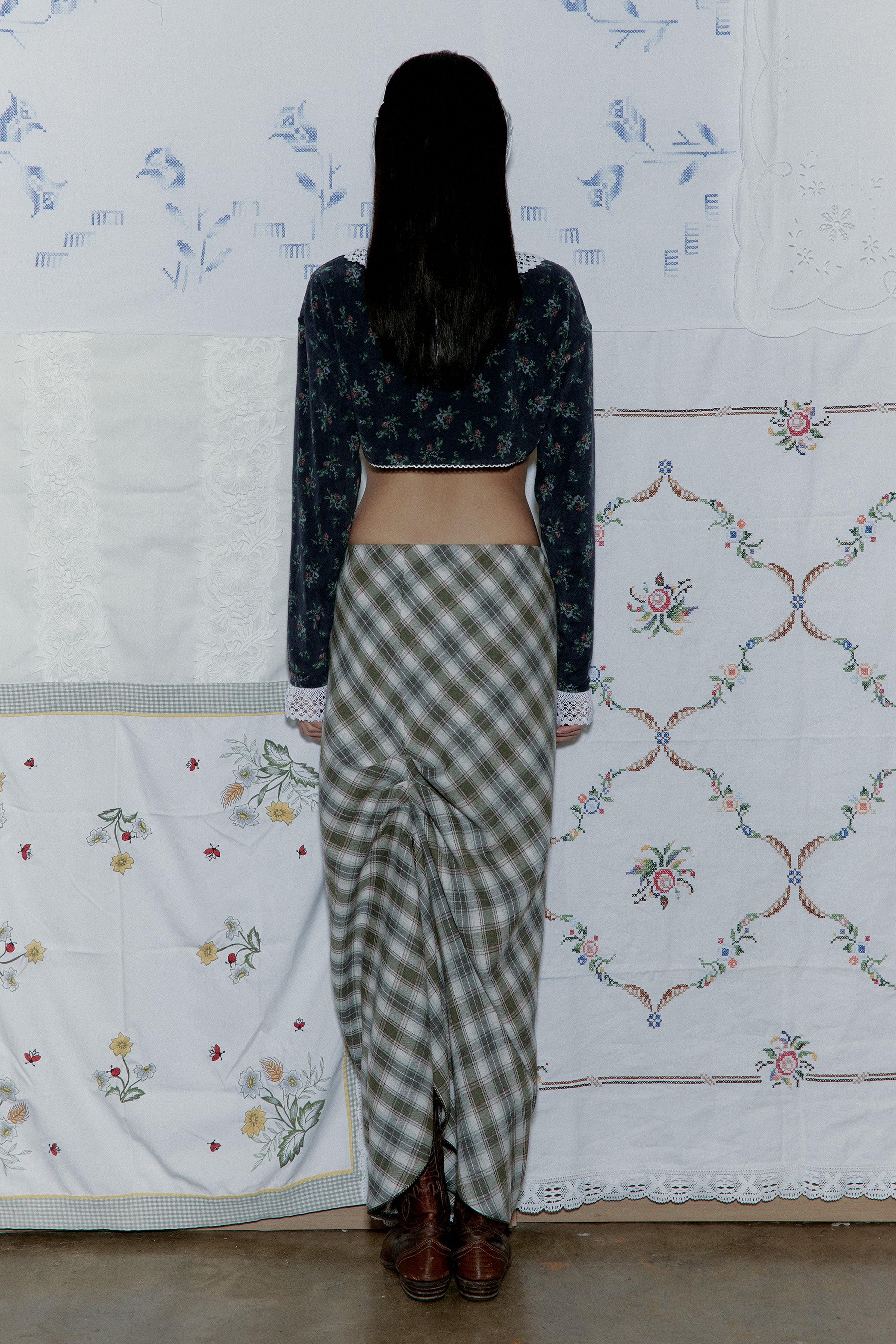 DRAPE PLAID LONG SKIRT_KHAKI