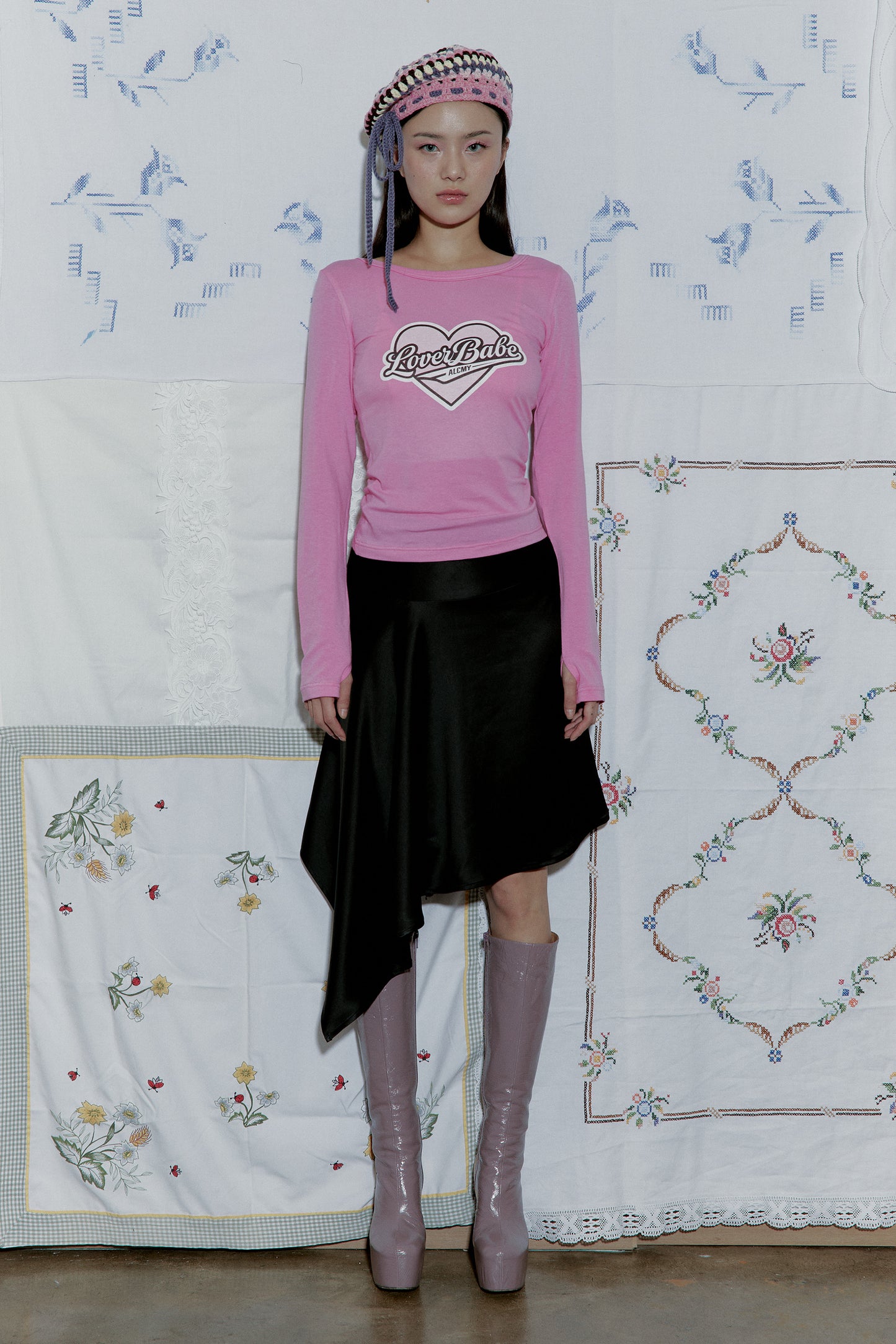Asymmetric Satin Midi Skirt (Black)