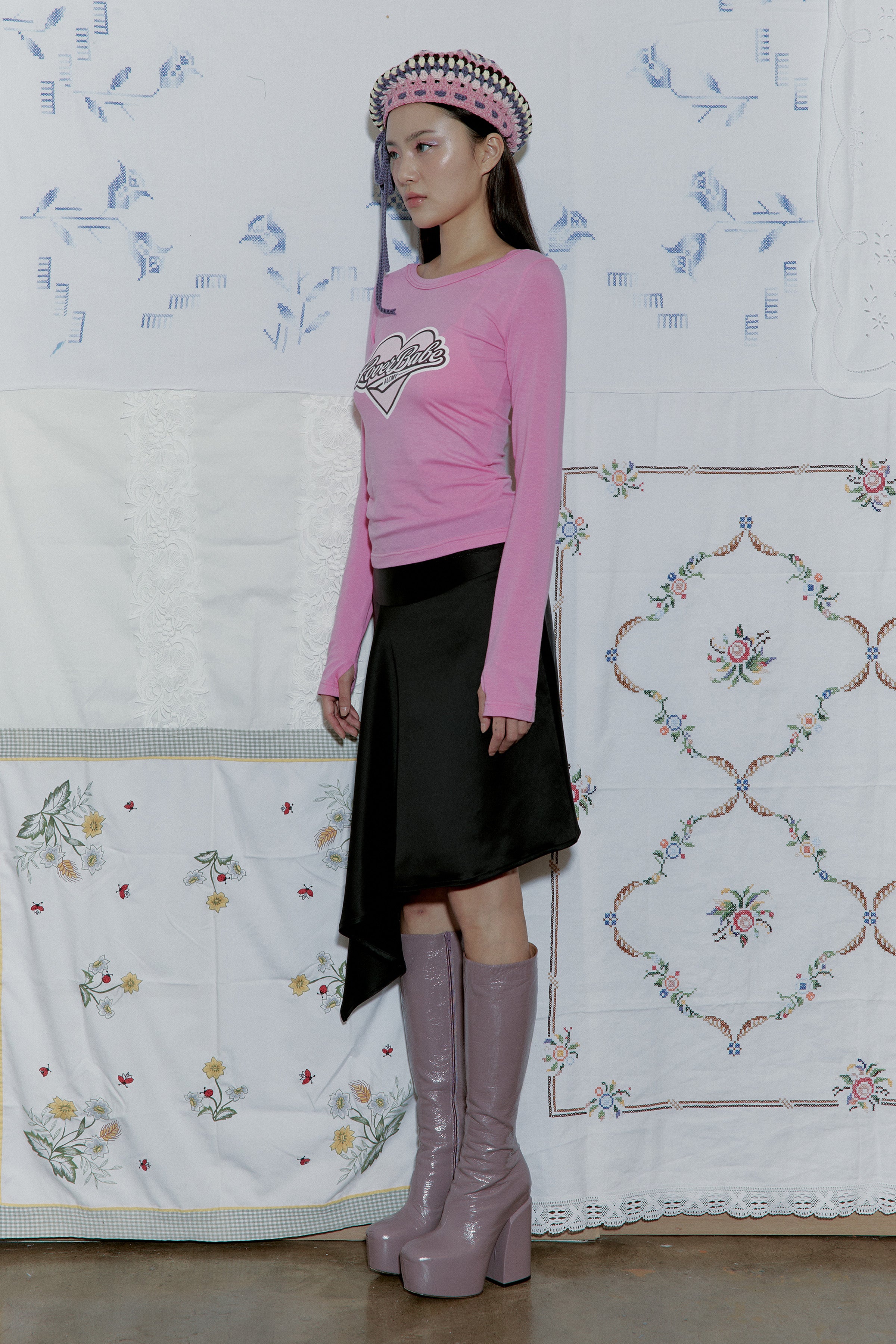 ASYMMETRIC SATIN MIDI SKIRT_BLACK