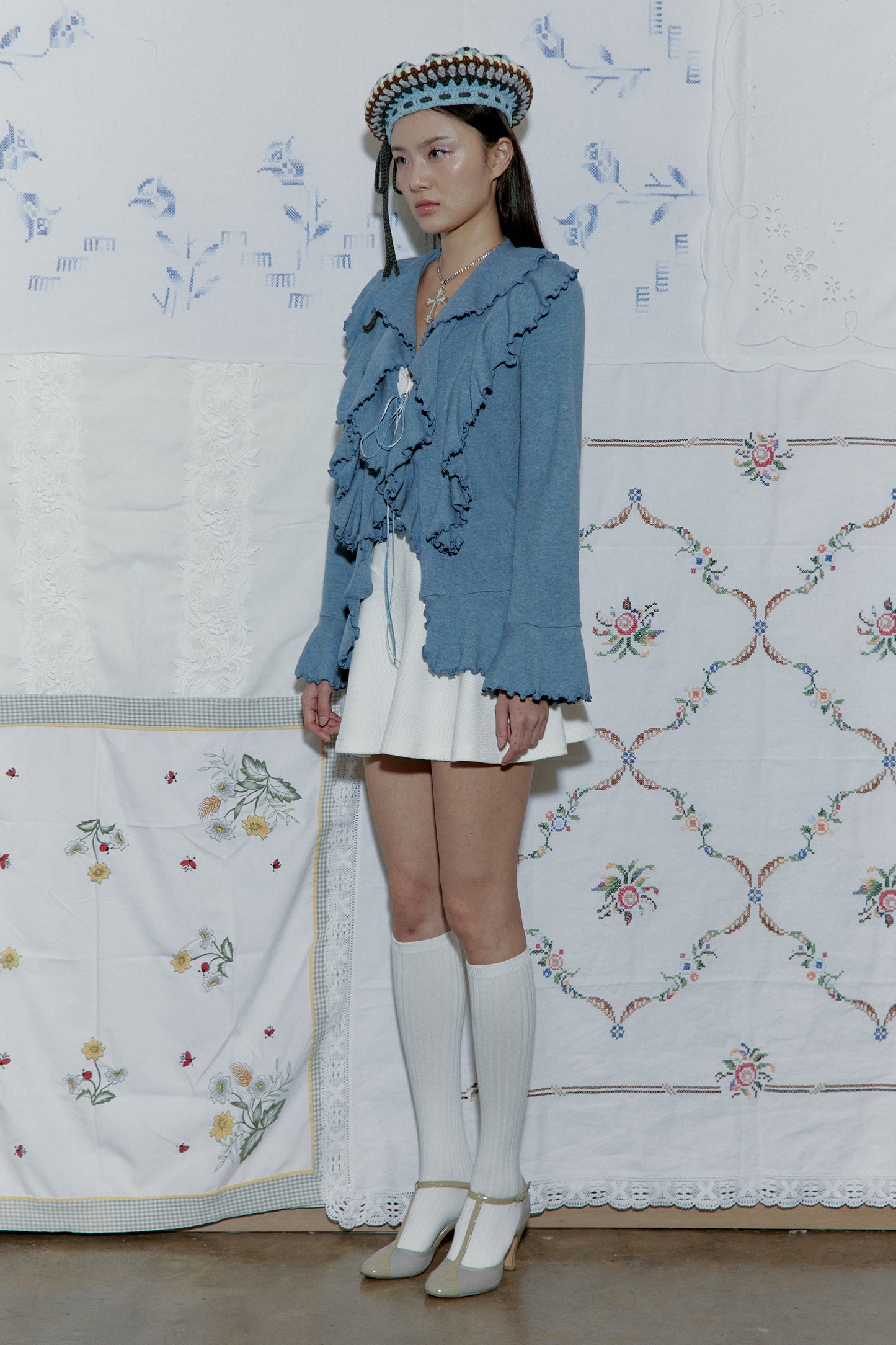 Tweed Wool Crochet Beret (Blue)