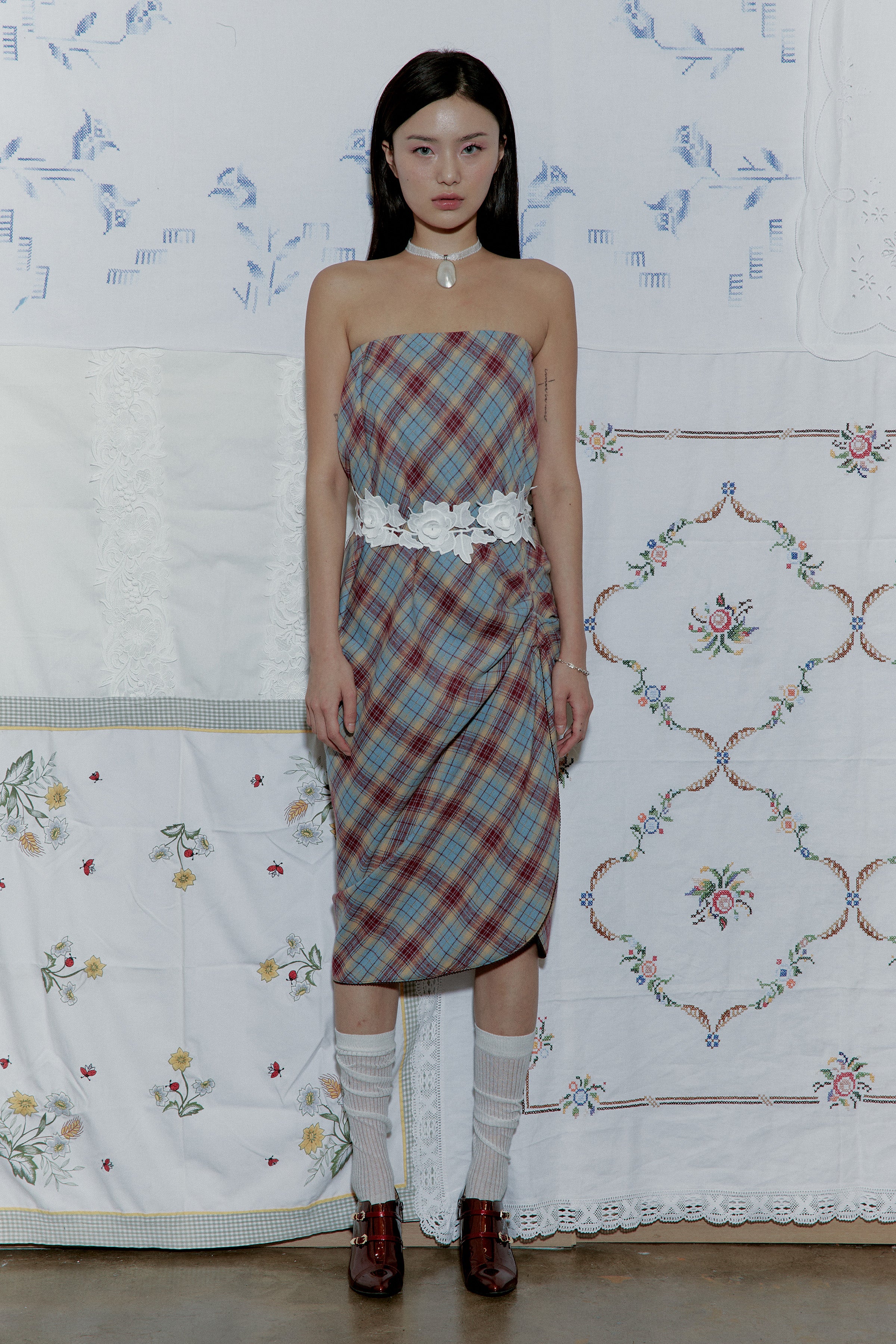 DRAPE PLAID LONG SKIRT_BLUE