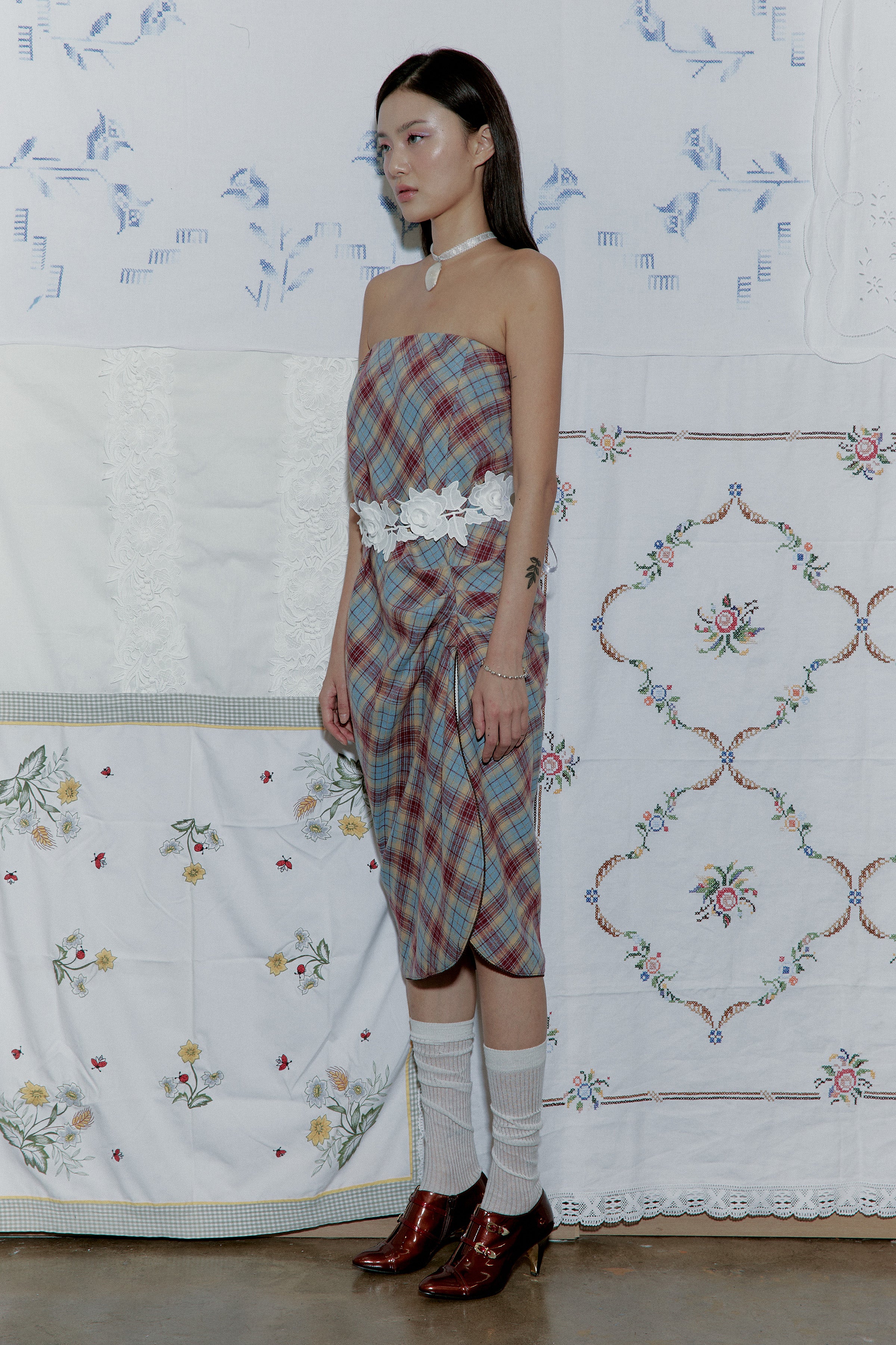 DRAPE PLAID LONG SKIRT_BLUE