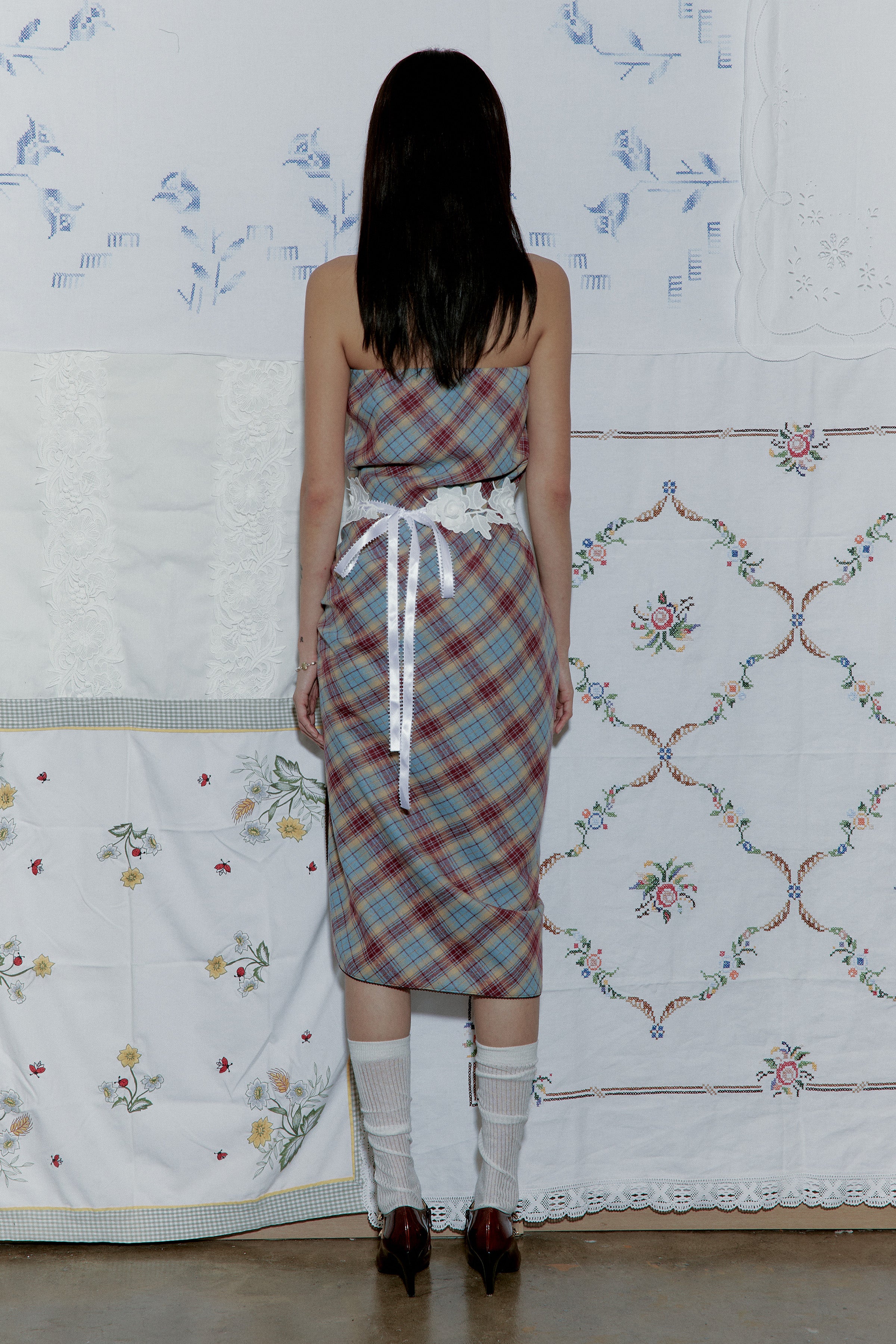 DRAPE PLAID LONG SKIRT_BLUE